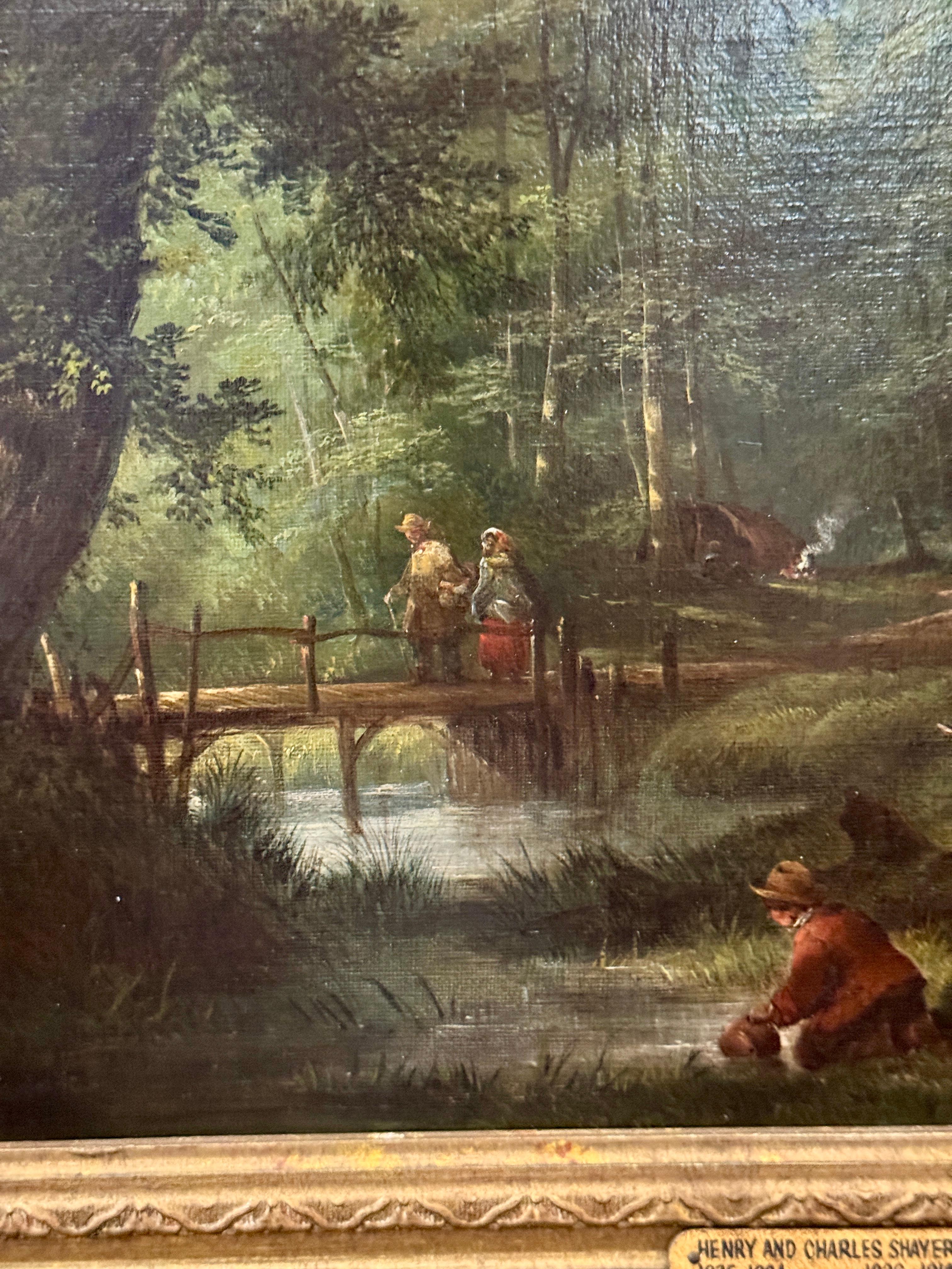 Paisaje victoriano inglés del siglo XIX, con figuras, burro, caballos árboles - Painting Victoriano de Henry and Charles Shayer