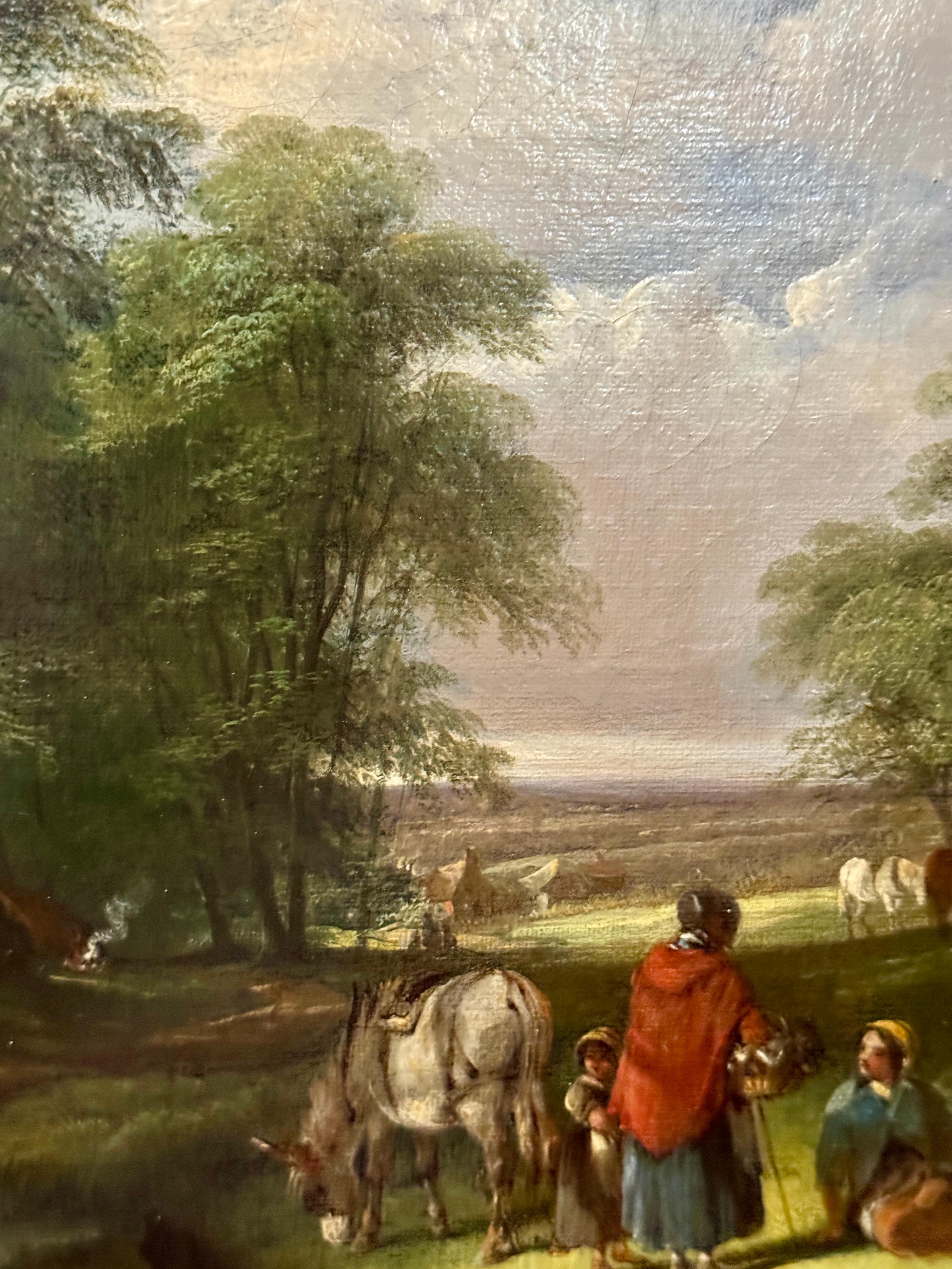 Paisaje victoriano inglés del siglo XIX, con figuras, burro, caballos árboles - Landscape Painting Gris de Henry and Charles Shayer