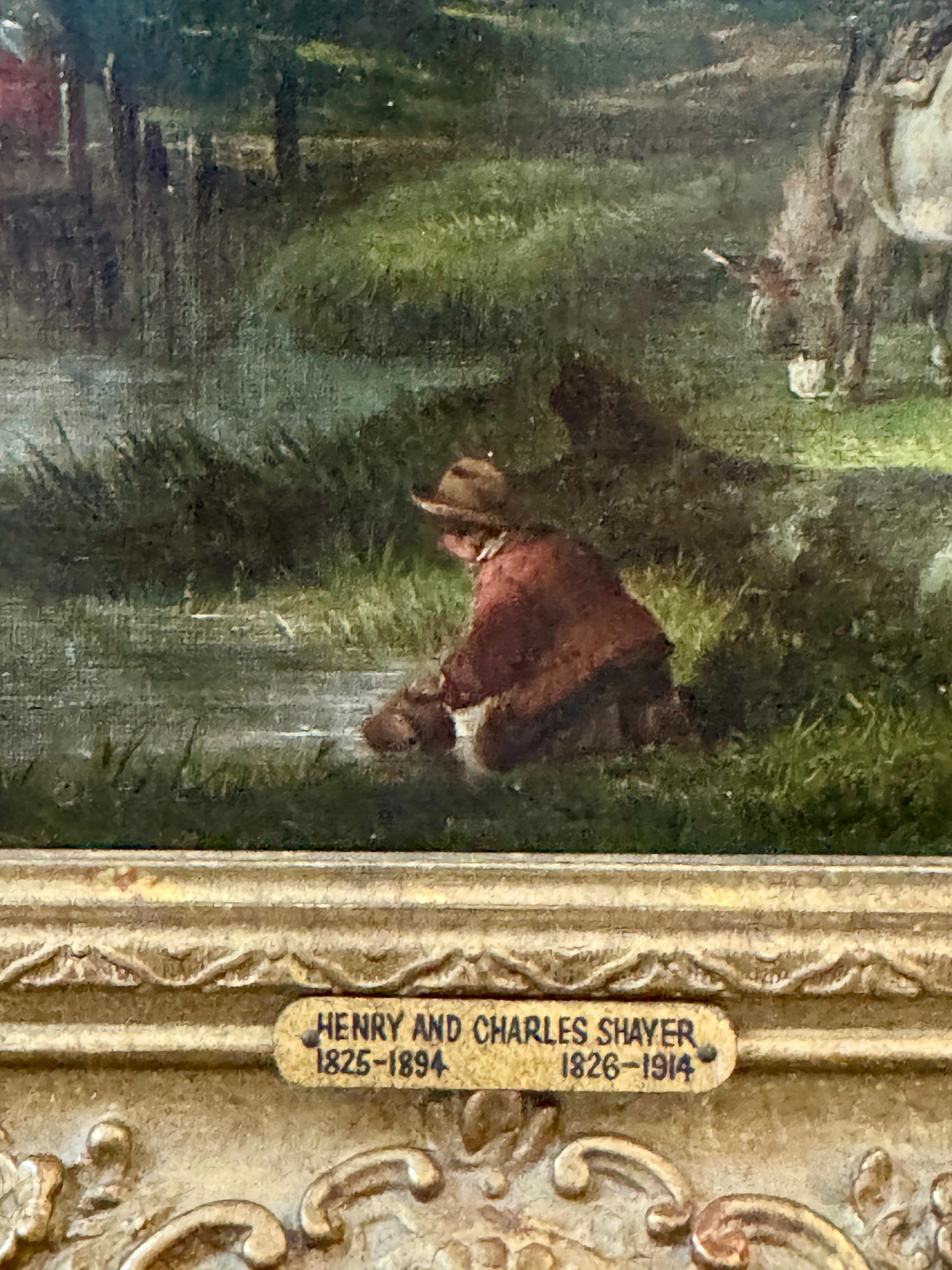 Paisaje victoriano inglés del siglo XIX, con figuras, burro, caballos árboles en venta 1