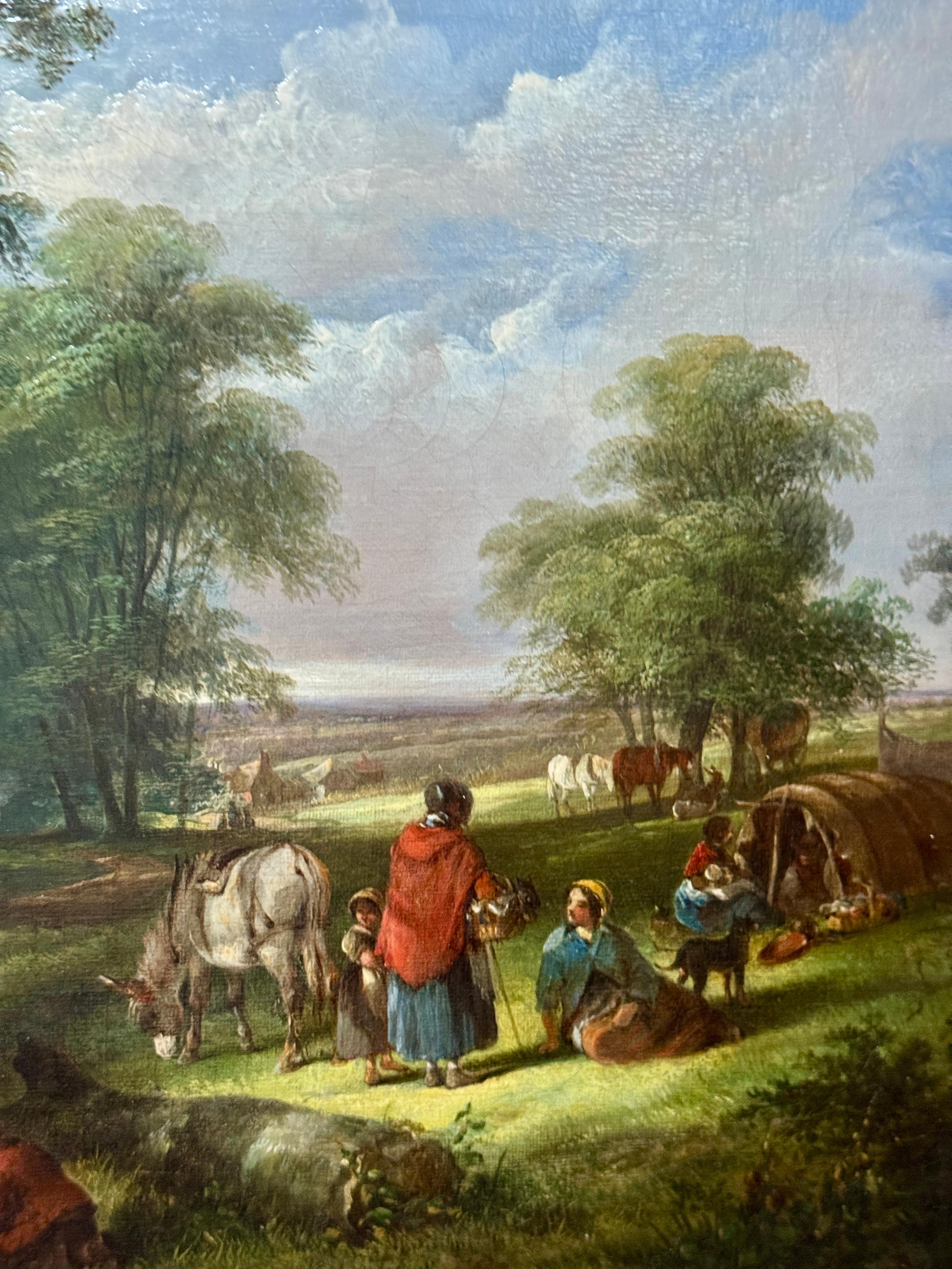 Paisaje victoriano inglés del siglo XIX, con figuras, burro, caballos árboles en venta 4