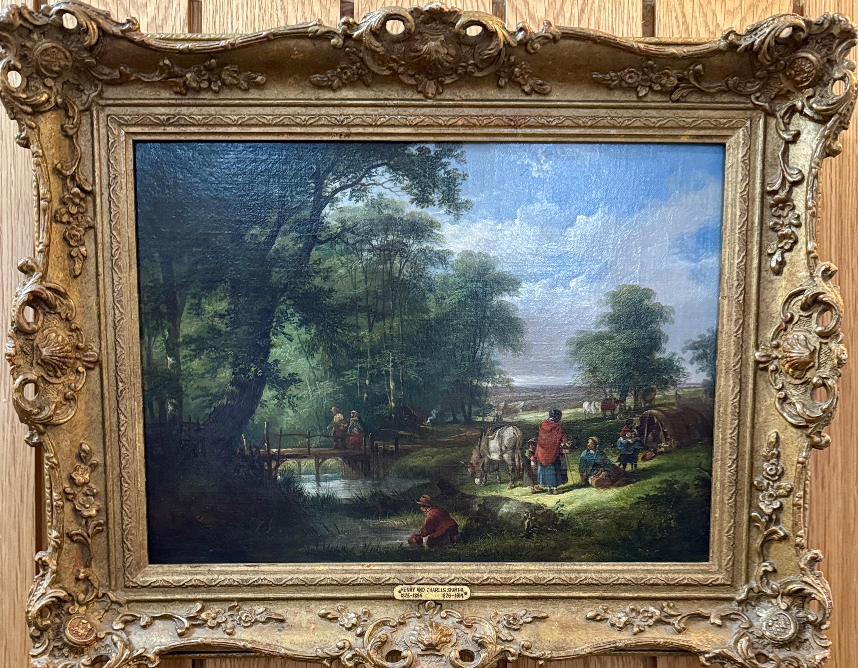 Paisaje victoriano inglés del siglo XIX, con figuras, burro, caballos árboles