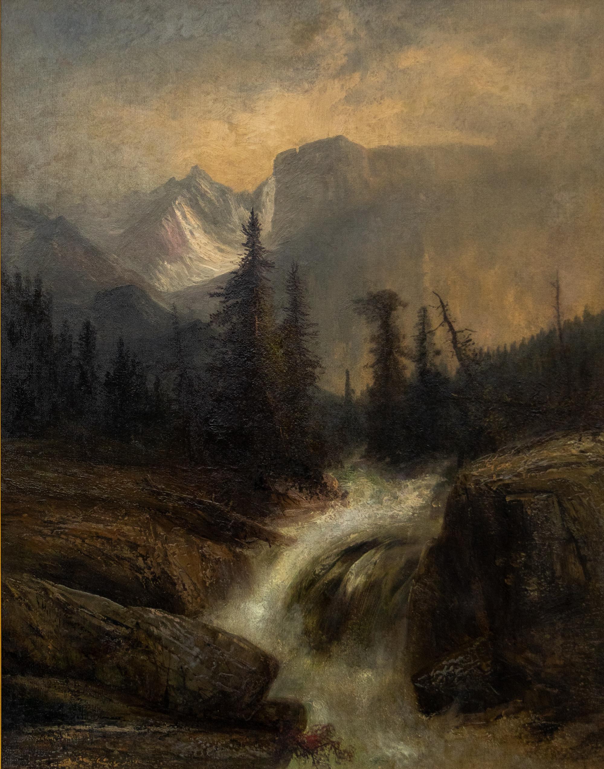 Henry Arthur Elkins Attributed Mountain Landscape with Waterfall Oil Painting