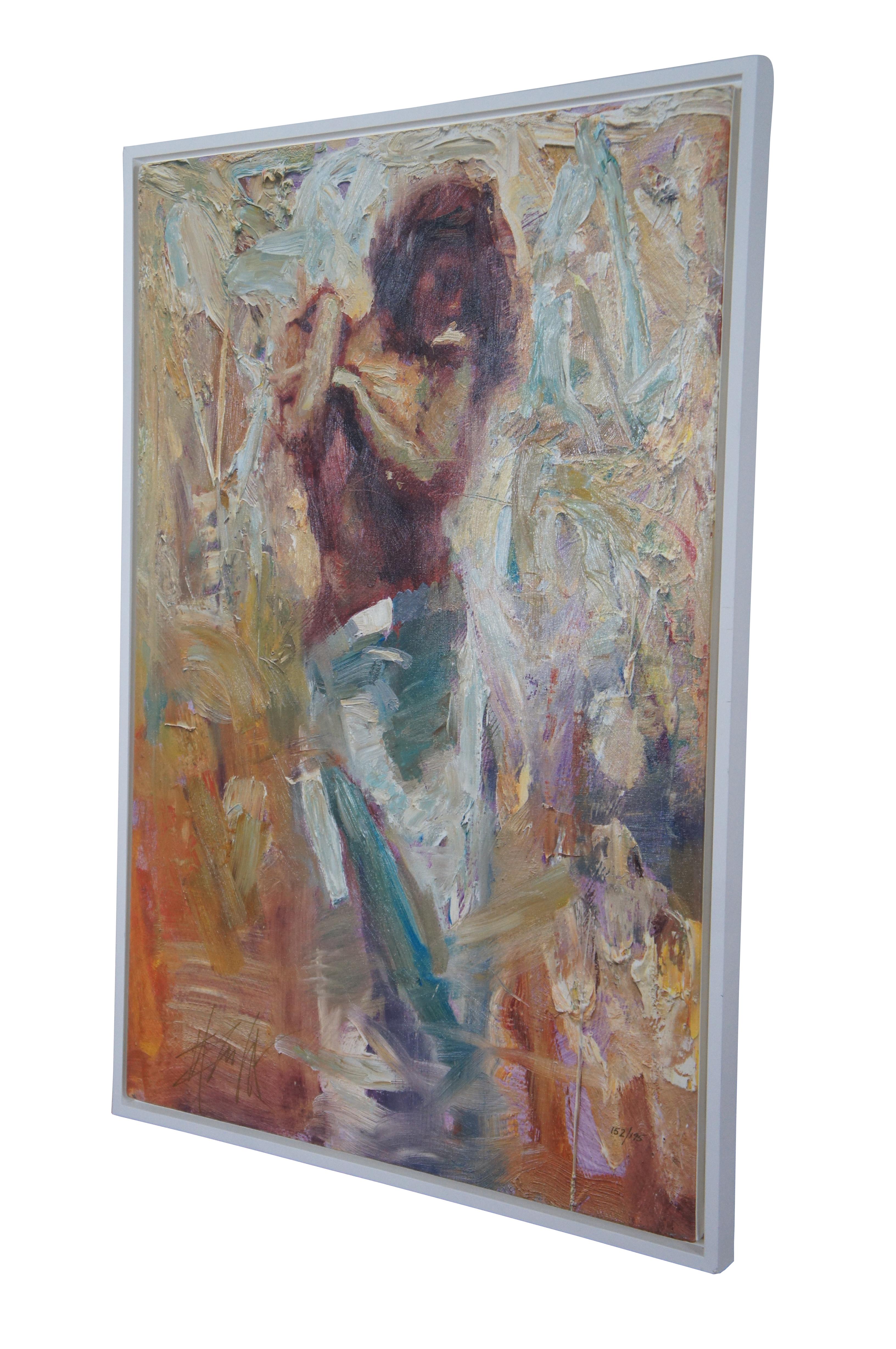 Vintage giclee on canvas titled “Transition” by Henry Asencio with hand embellished texture. Shows a partially nude female figure with brown hair and arms crossed over her upper torso, her lower half wrapped in white cloth, in a multi-colored