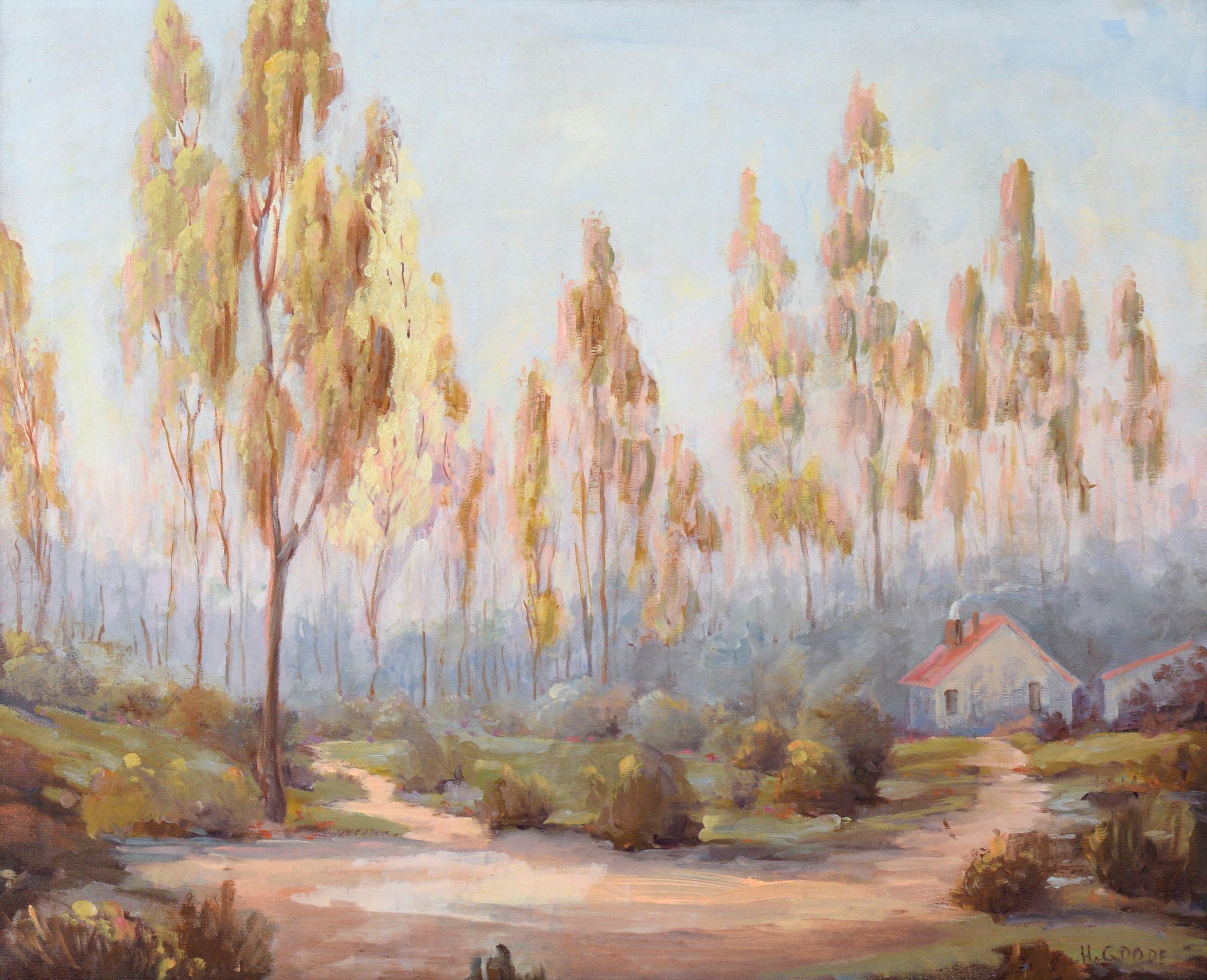 Country House in Eucalyptus Grove - California Landscape in Oil on Canvas - Painting by Henry B Goode