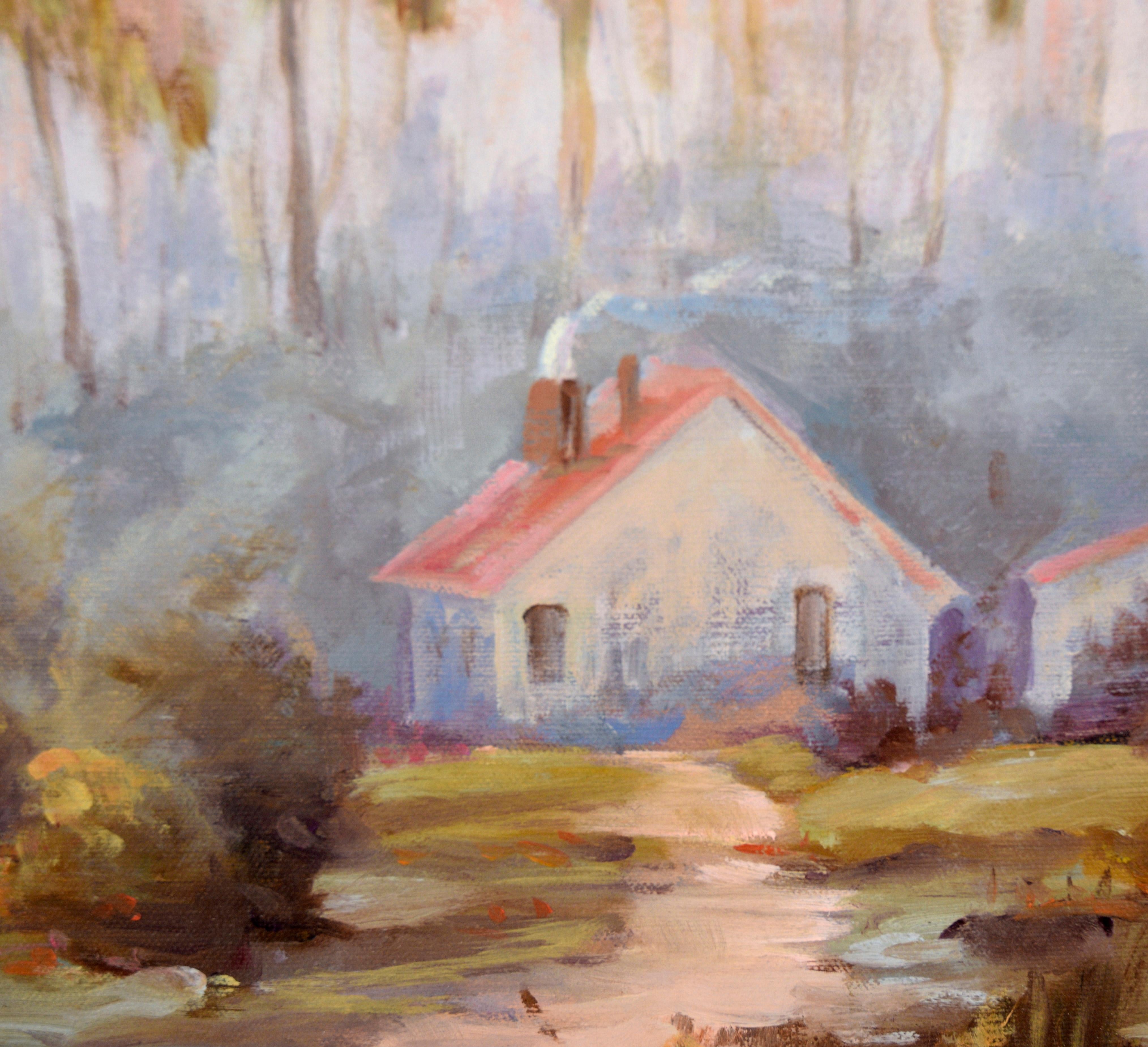 Country House in Eucalyptus Grove - California Landscape in Oil on Canvas For Sale 2