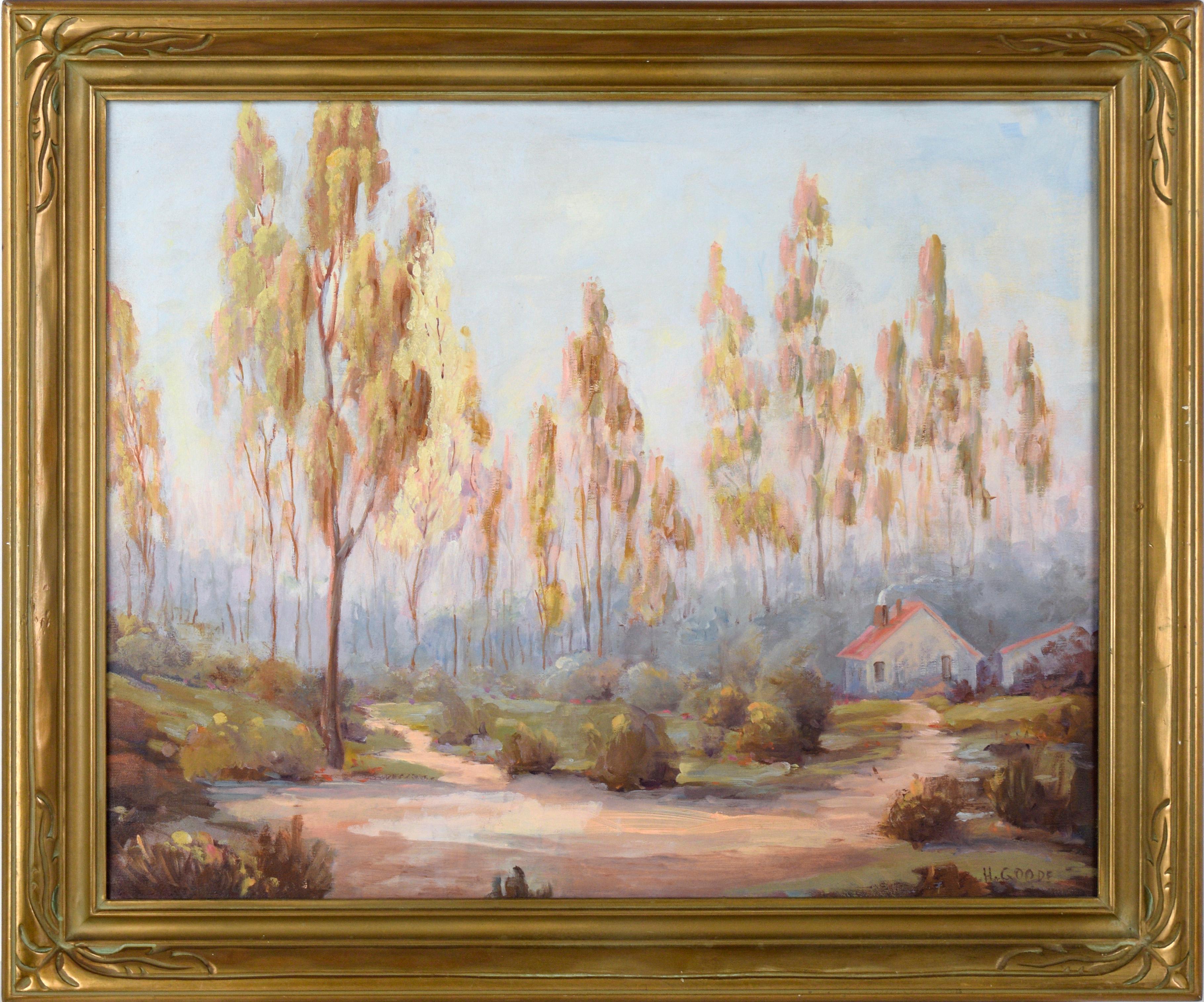 Henry B Goode Landscape Painting - Country House in Eucalyptus Grove - California Landscape in Oil on Canvas