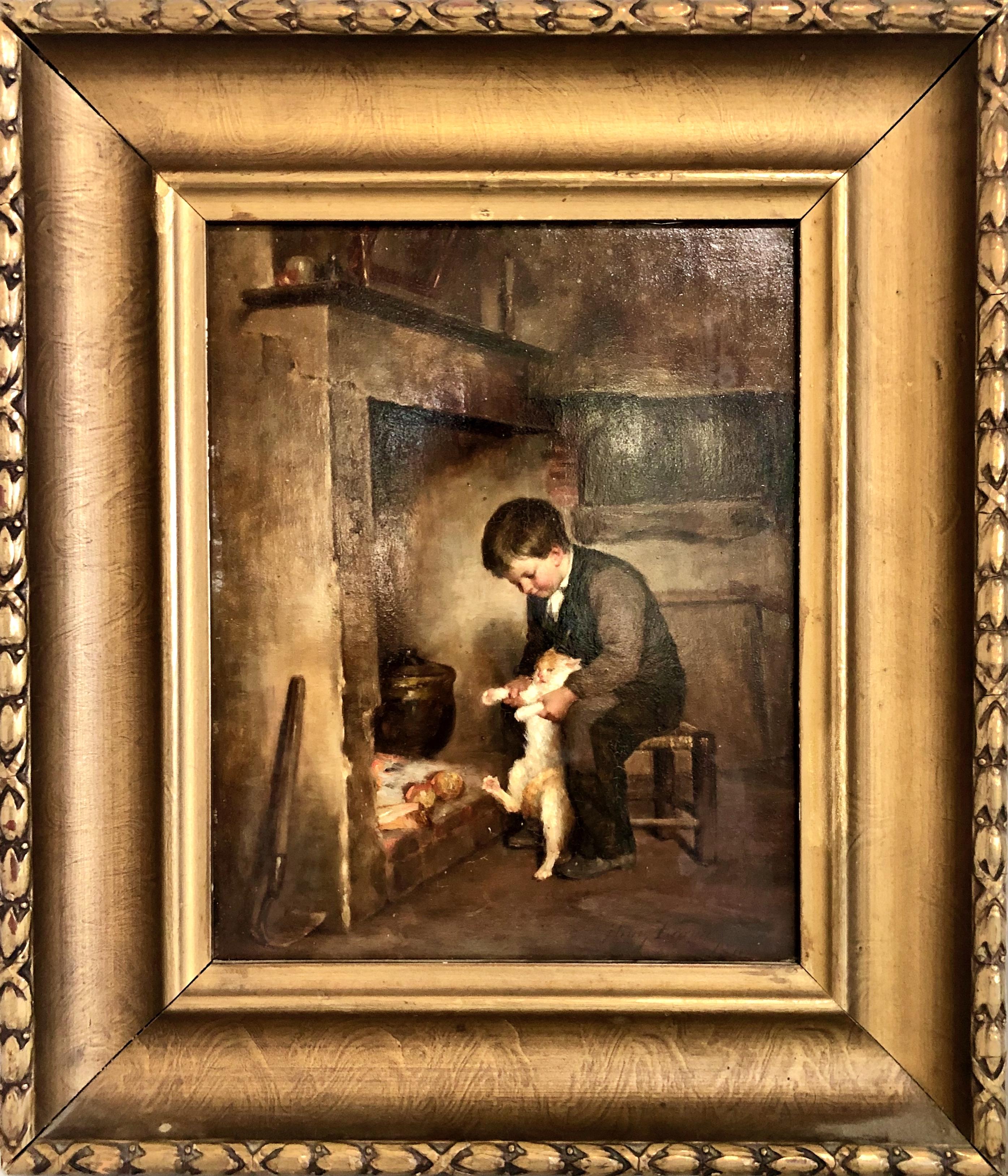 Henry Bacon Figurative Painting – "Junge mit Katze"