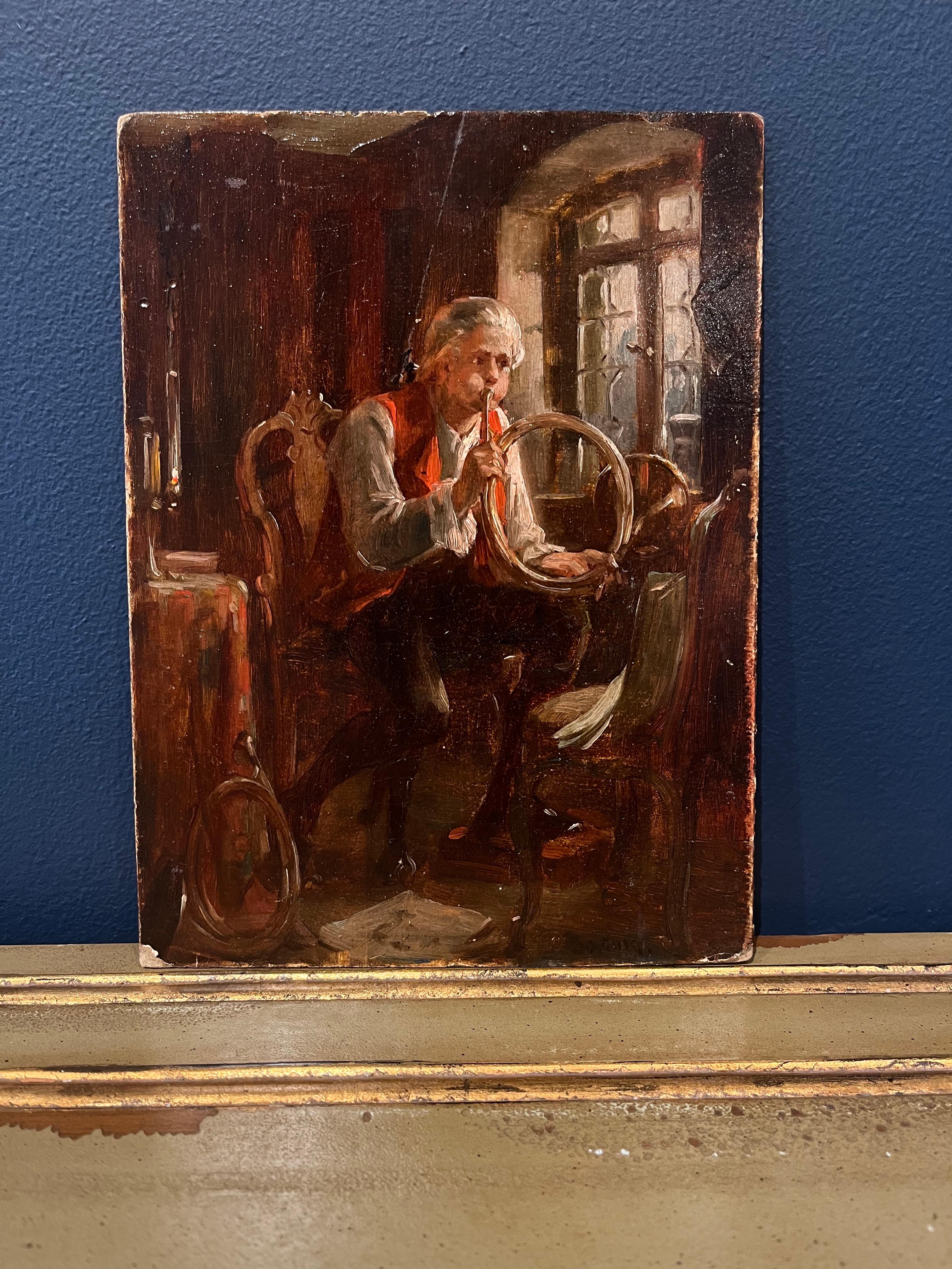Portrait à l'huile d'un homme jouant de la musique avec un Horn - Painting de Henry Bacon