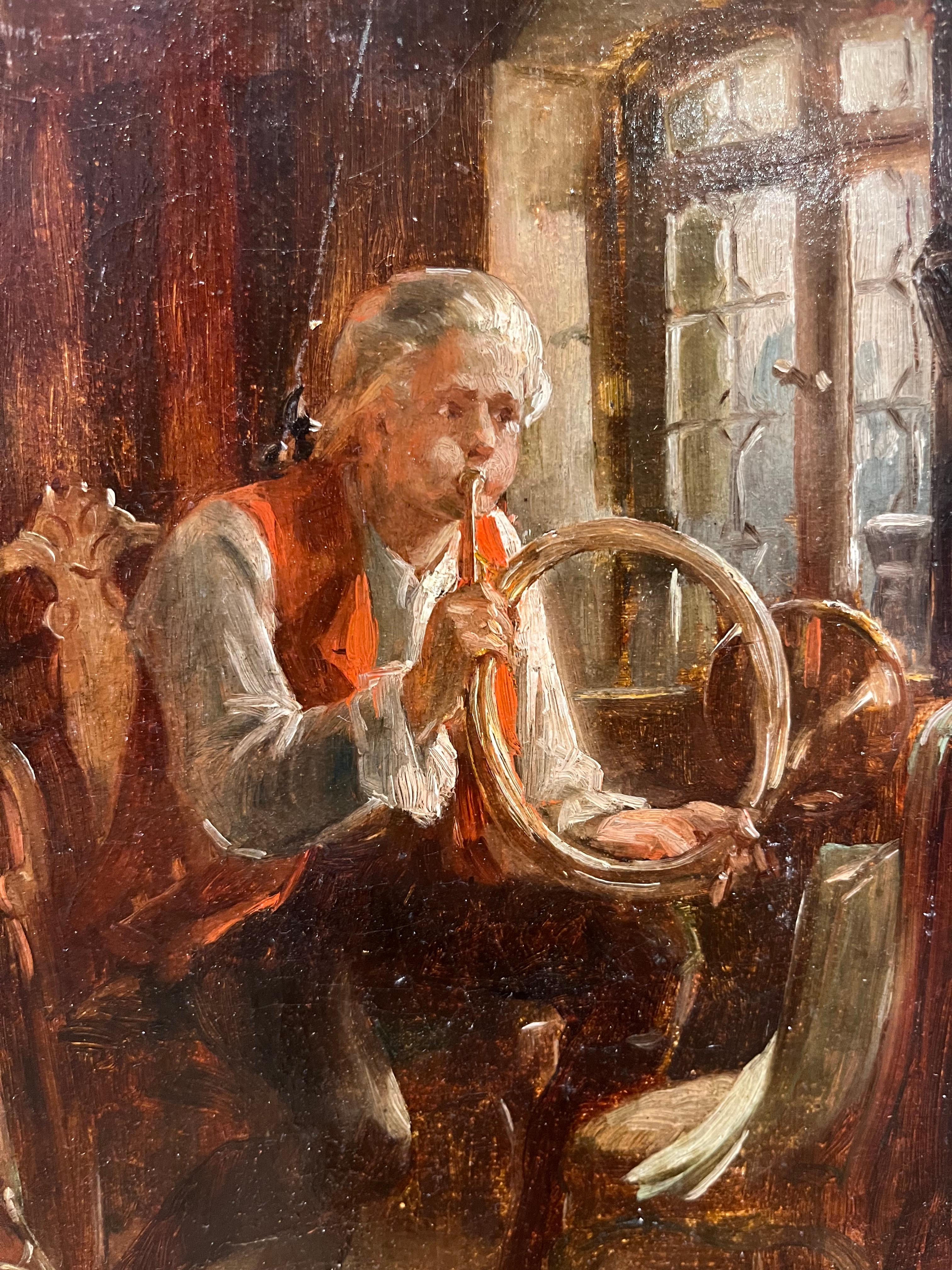 Oil Portrait of Man Playing Music with Horn - American Impressionist Painting by Henry Bacon