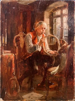 Oil Portrait of Man Playing Music with Horn