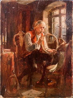 Antique Oil Portrait of Man Playing Music with Horn