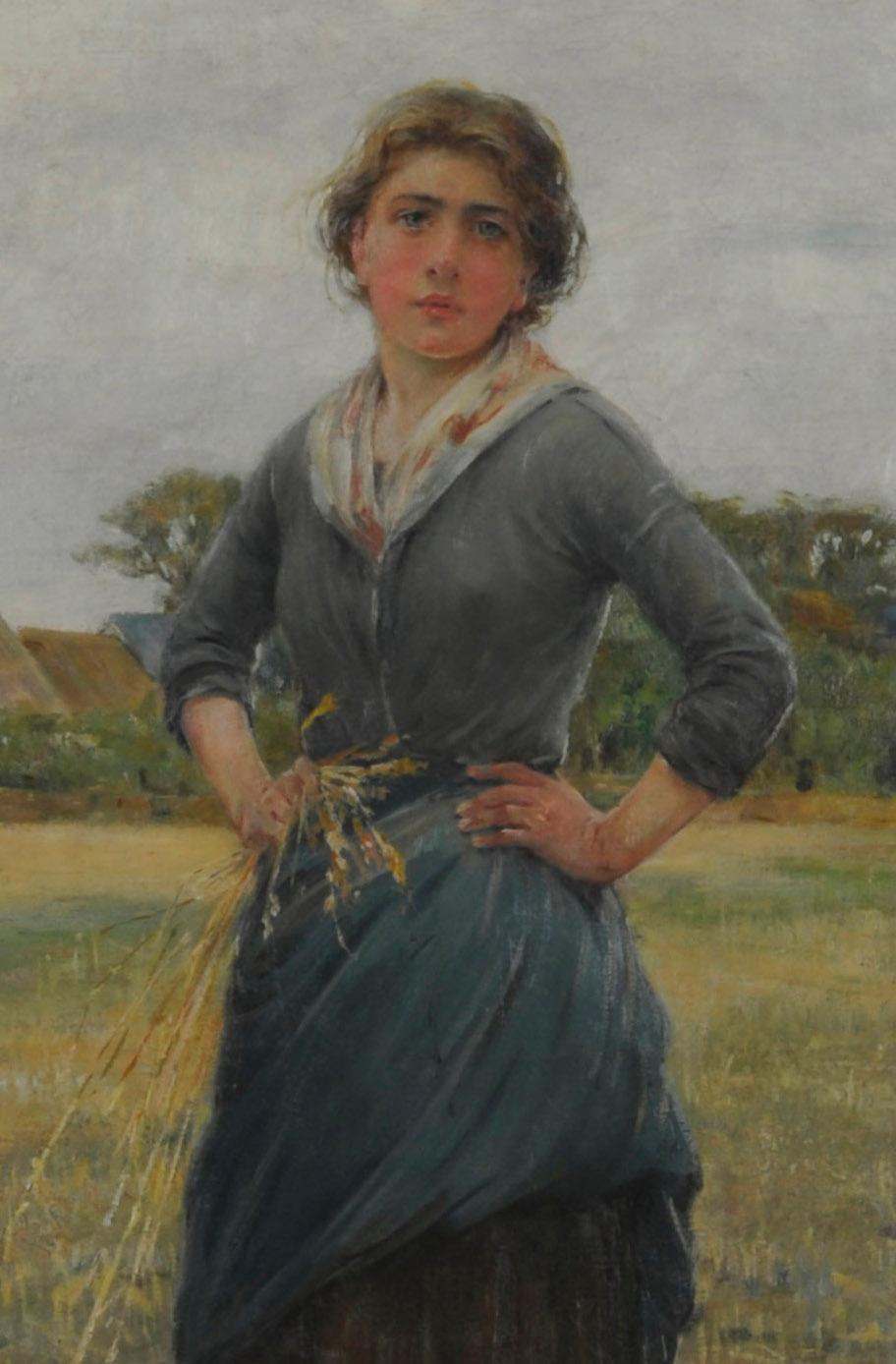 Femme dans un champ - École de Barbizon Painting par Henry Bacon