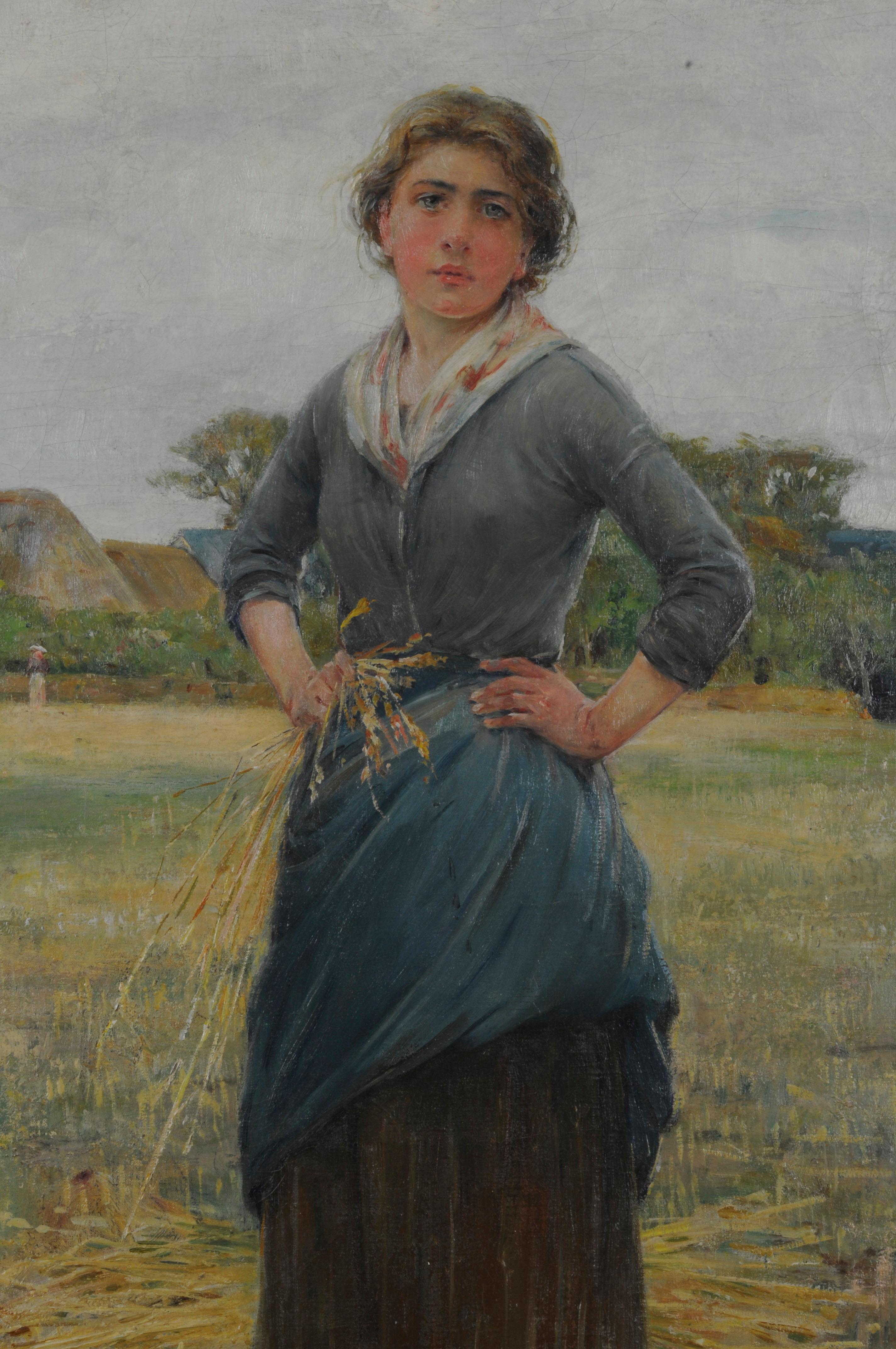Woman in a Field - Barbizon School Painting by Henry Bacon