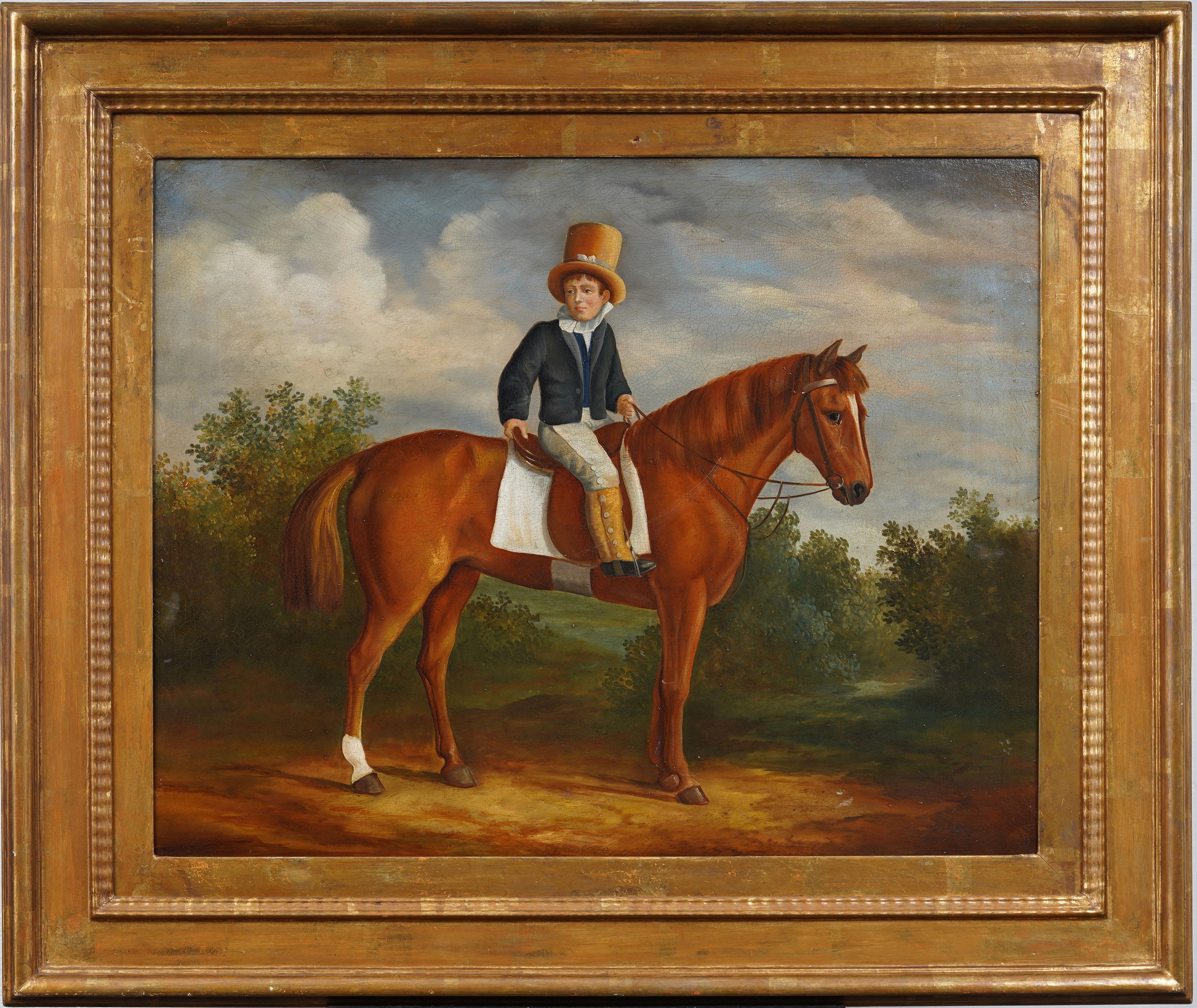 Peinture à l'huile originale encadrée d'un grand portrait de cheval et d'un paysage, de style anglais ancien - Painting de Henry Barraud (1811 - 1874)