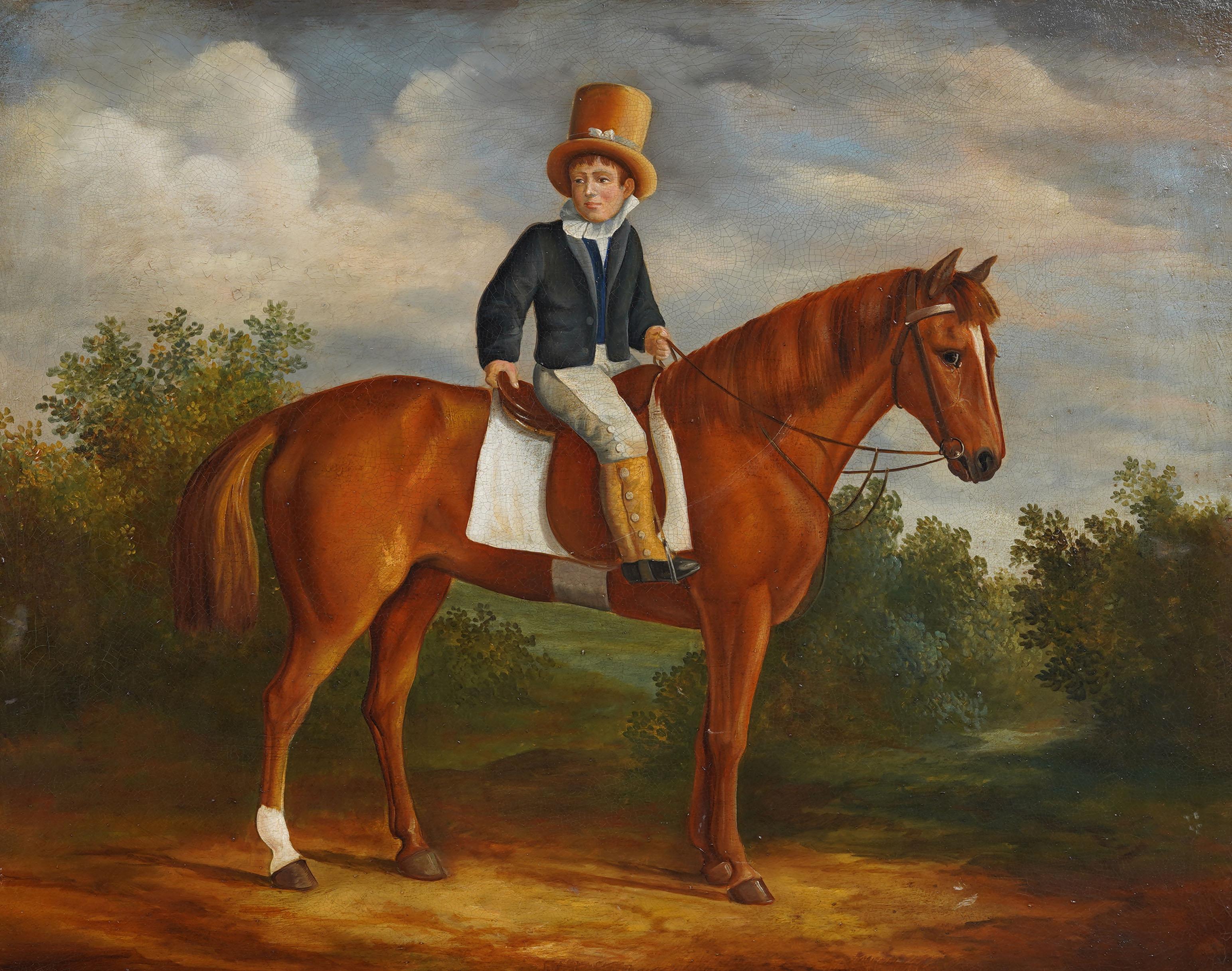Peinture à l'huile originale encadrée d'un grand portrait de cheval et d'un paysage, de style anglais ancien - Réalisme Painting par Henry Barraud (1811 - 1874)
