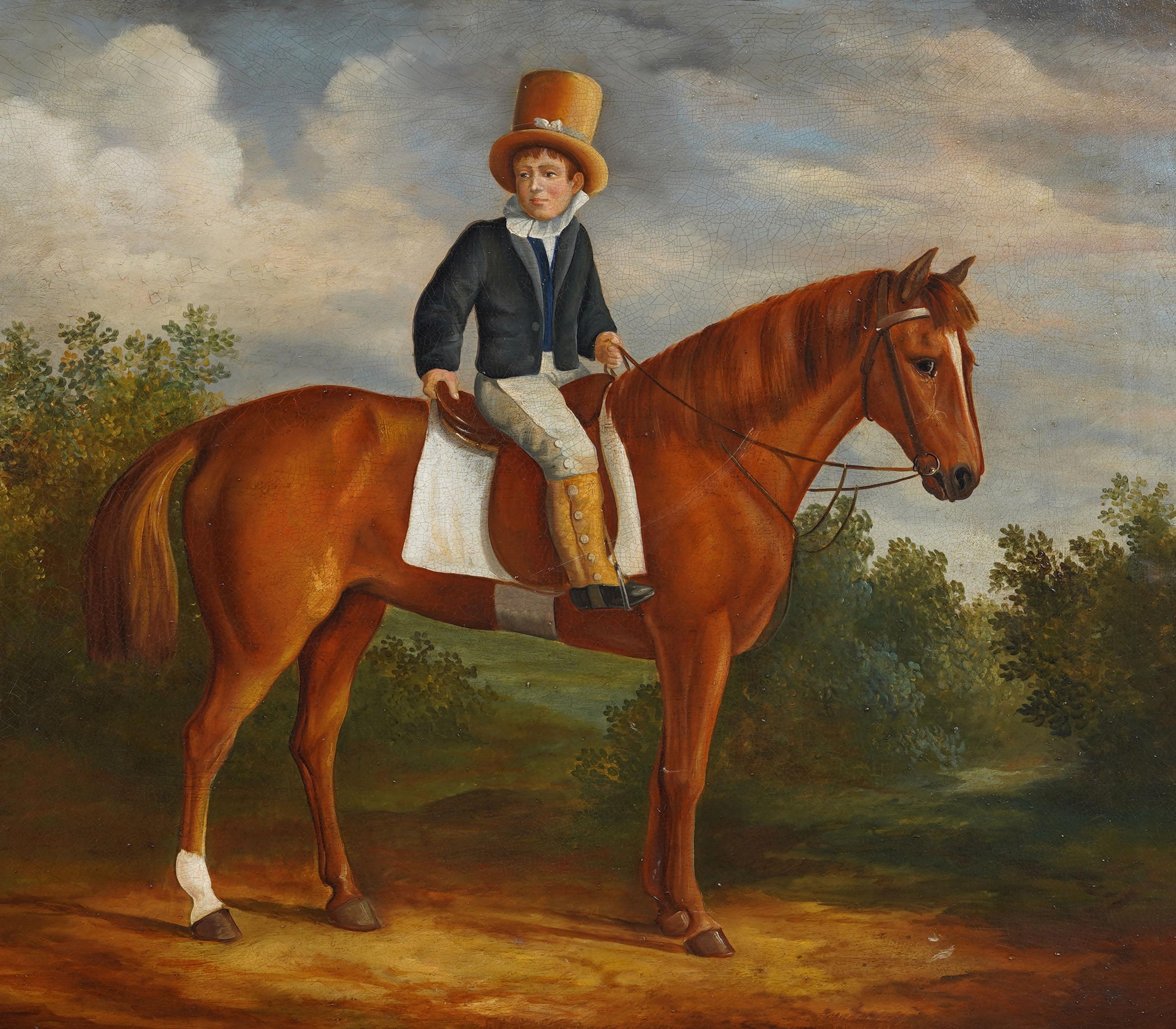 Peinture à l'huile originale encadrée d'un grand portrait de cheval et d'un paysage, de style anglais ancien - Marron Landscape Painting par Henry Barraud (1811 - 1874)