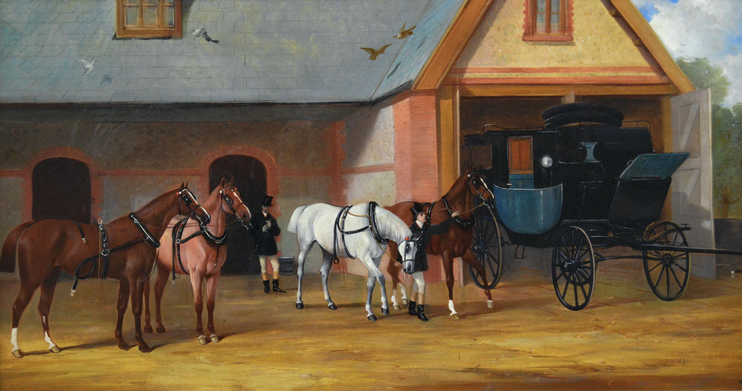 19th Century oil painting of horses & grooms outside a coach house  - Painting by Henry Barraud