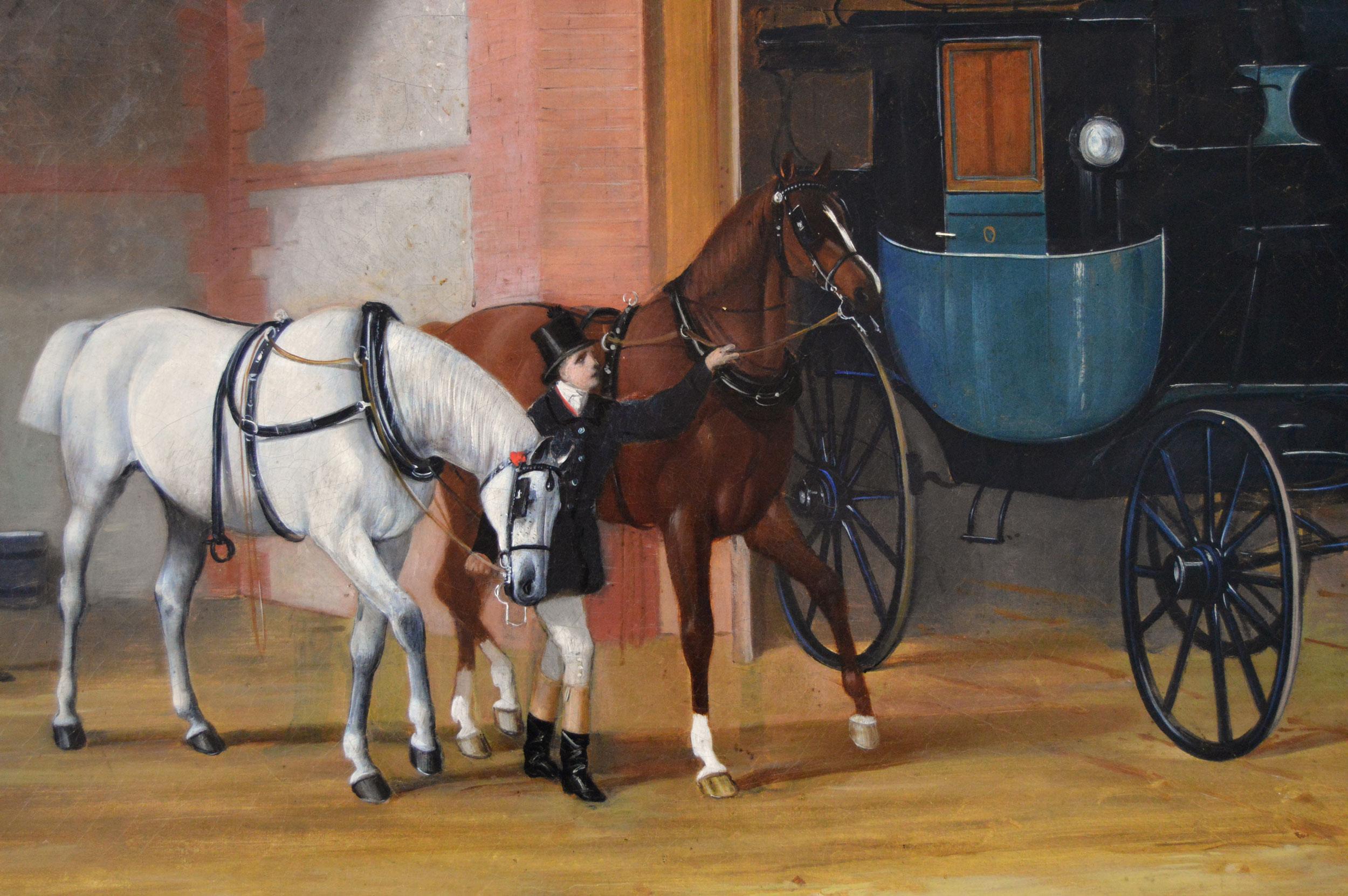 19th Century oil painting of horses & grooms outside a coach house  - Victorian Painting by Henry Barraud