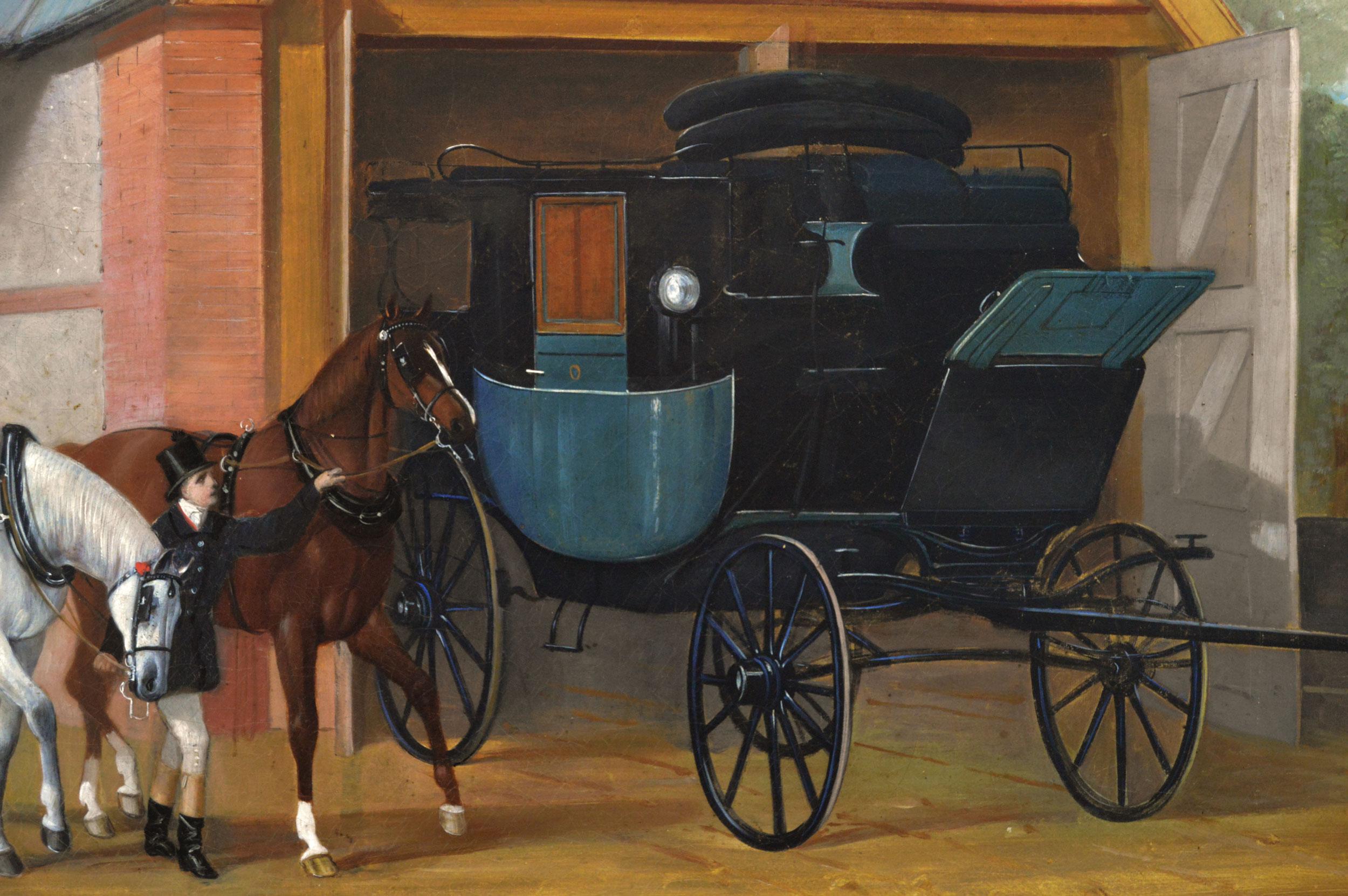 19th Century oil painting of horses & grooms outside a coach house  - Brown Figurative Painting by Henry Barraud