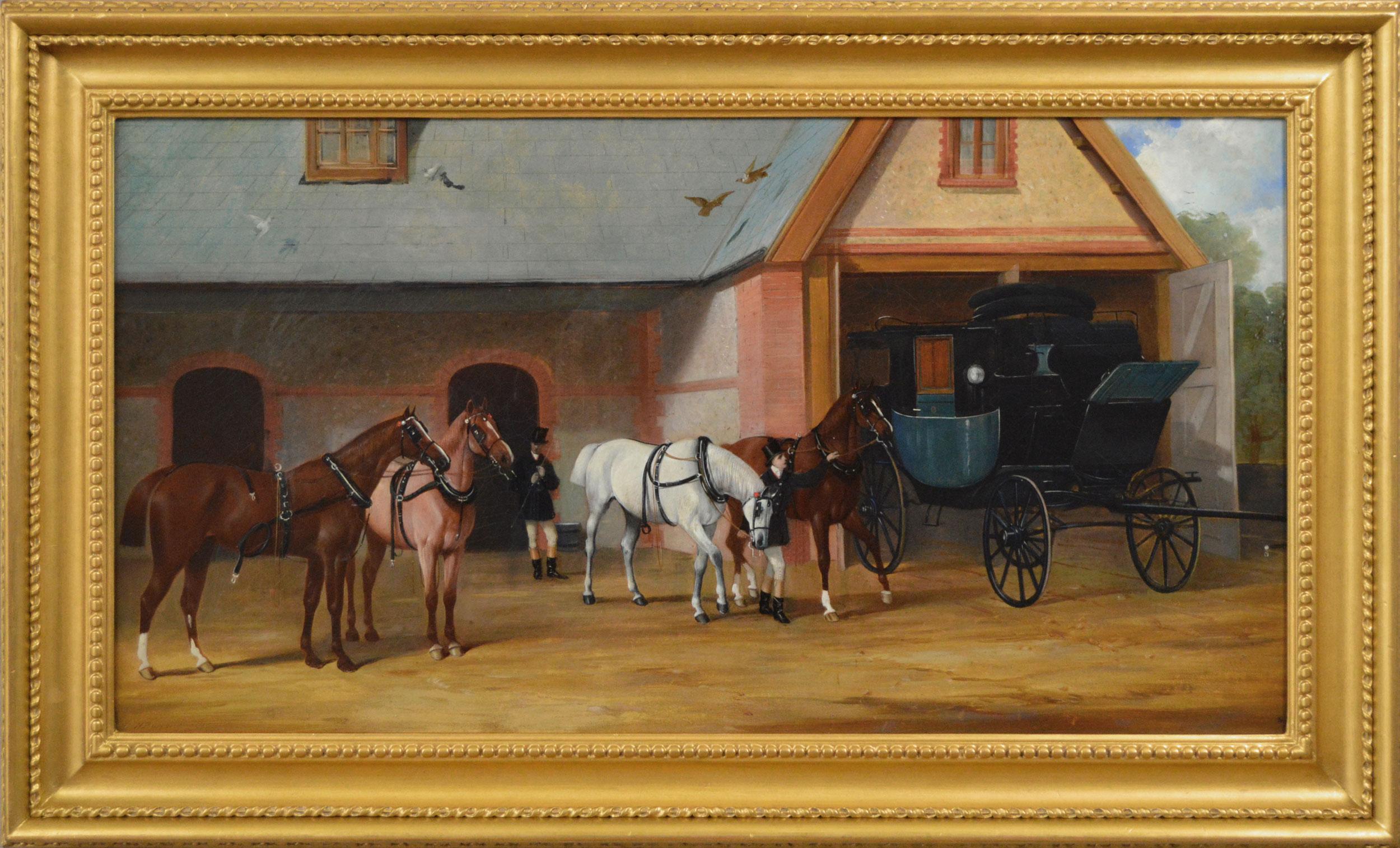 19th Century oil painting of horses & grooms outside a coach house 