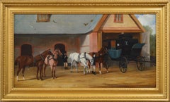 Peinture à l'huile du 19e siècle représentant des chevaux et des palefreniers à l'extérieur d'un relais de diligence 