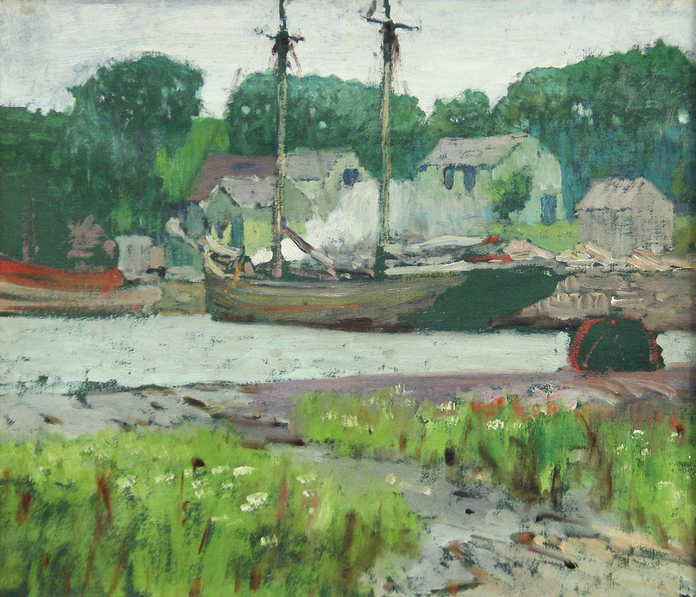 Henry Snell, Fisherman's Cove, Badura Frame, Oil on Board – Painting von Henry Bayley Snell