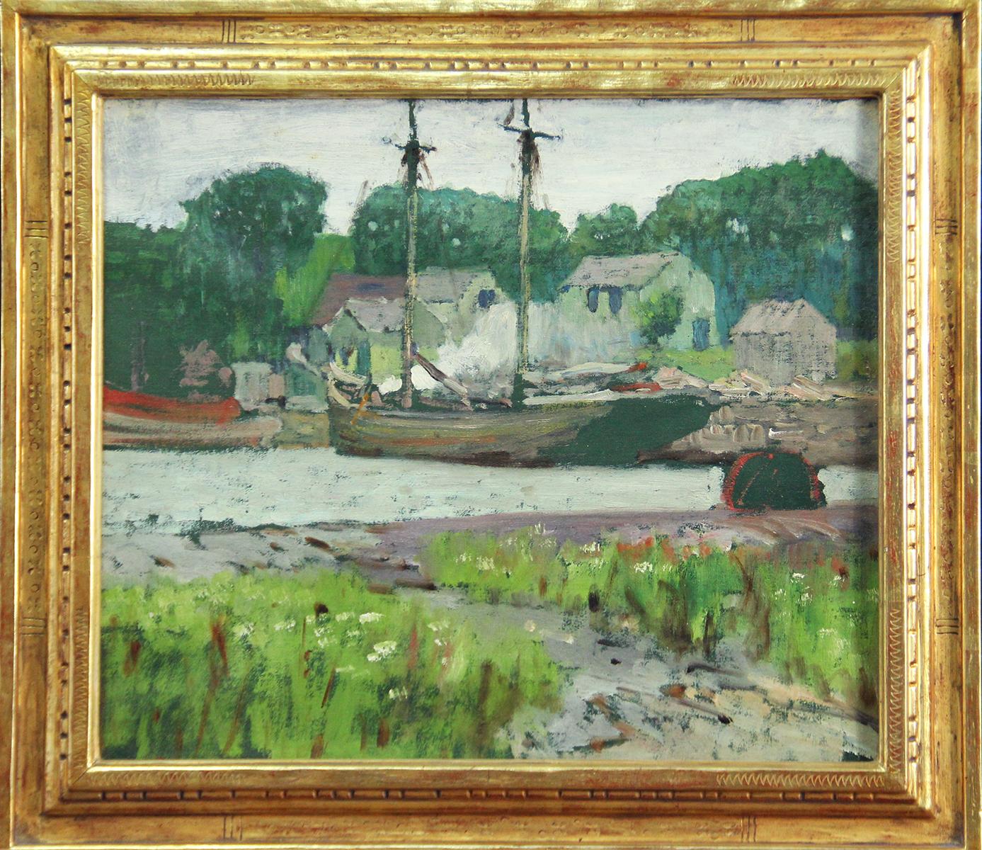 Henry Bayley Snell Landscape Painting – Henry Snell, Fisherman's Cove, Badura Frame, Oil on Board