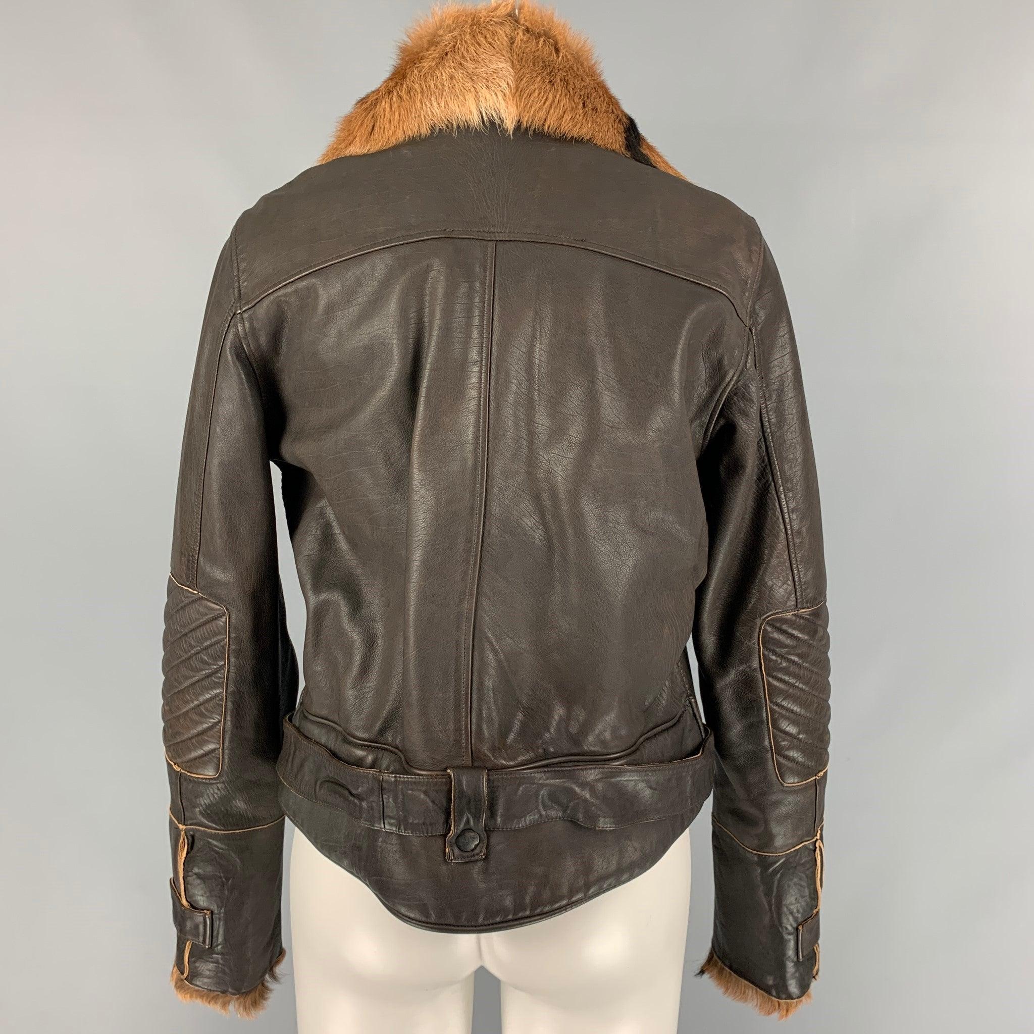 HENRY BEGUELIN Veste de moto en cuir chamoisé Brown & Tan Taille 4 Pour femmes en vente