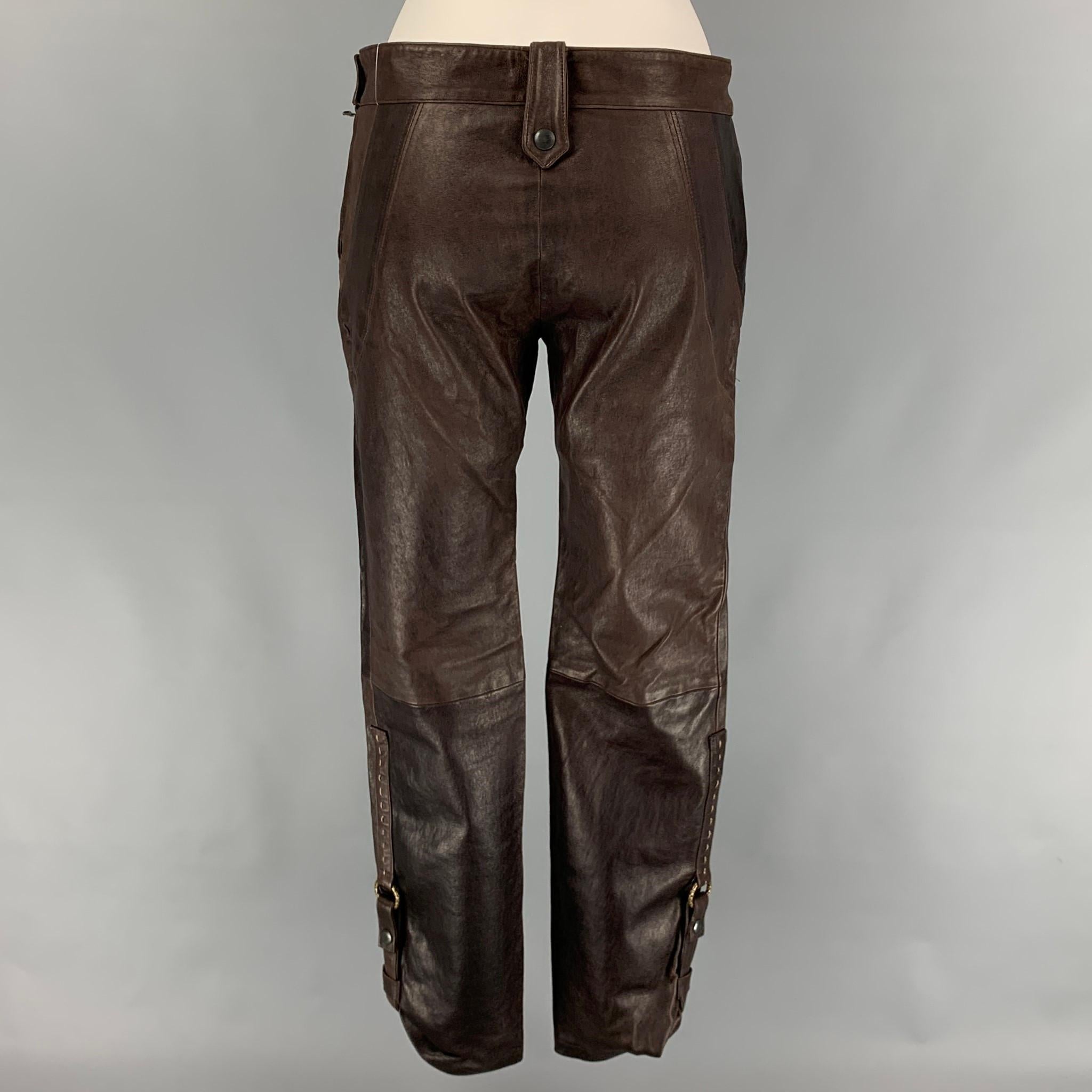 Black HENRY BEGUELIN Size 6 Brown Leather Contrast Stitch Dress Pants