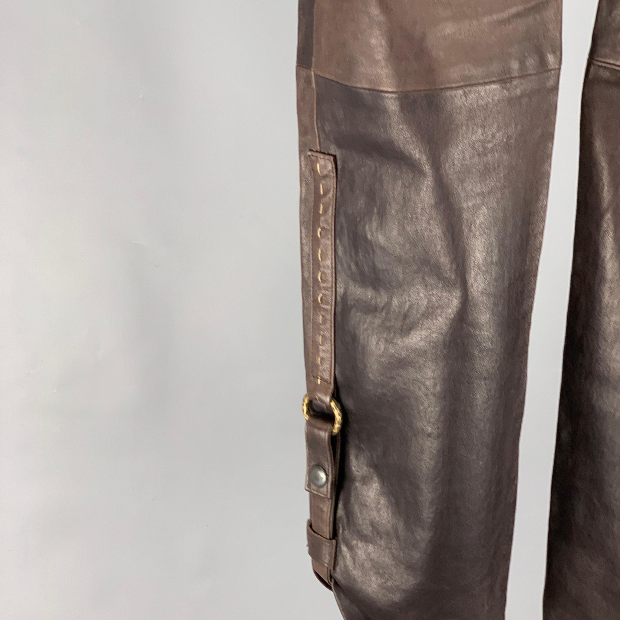 HENRY BEGUELIN Size 6 Brown Leather Contrast Stitch Dress Pants In Good Condition In San Francisco, CA