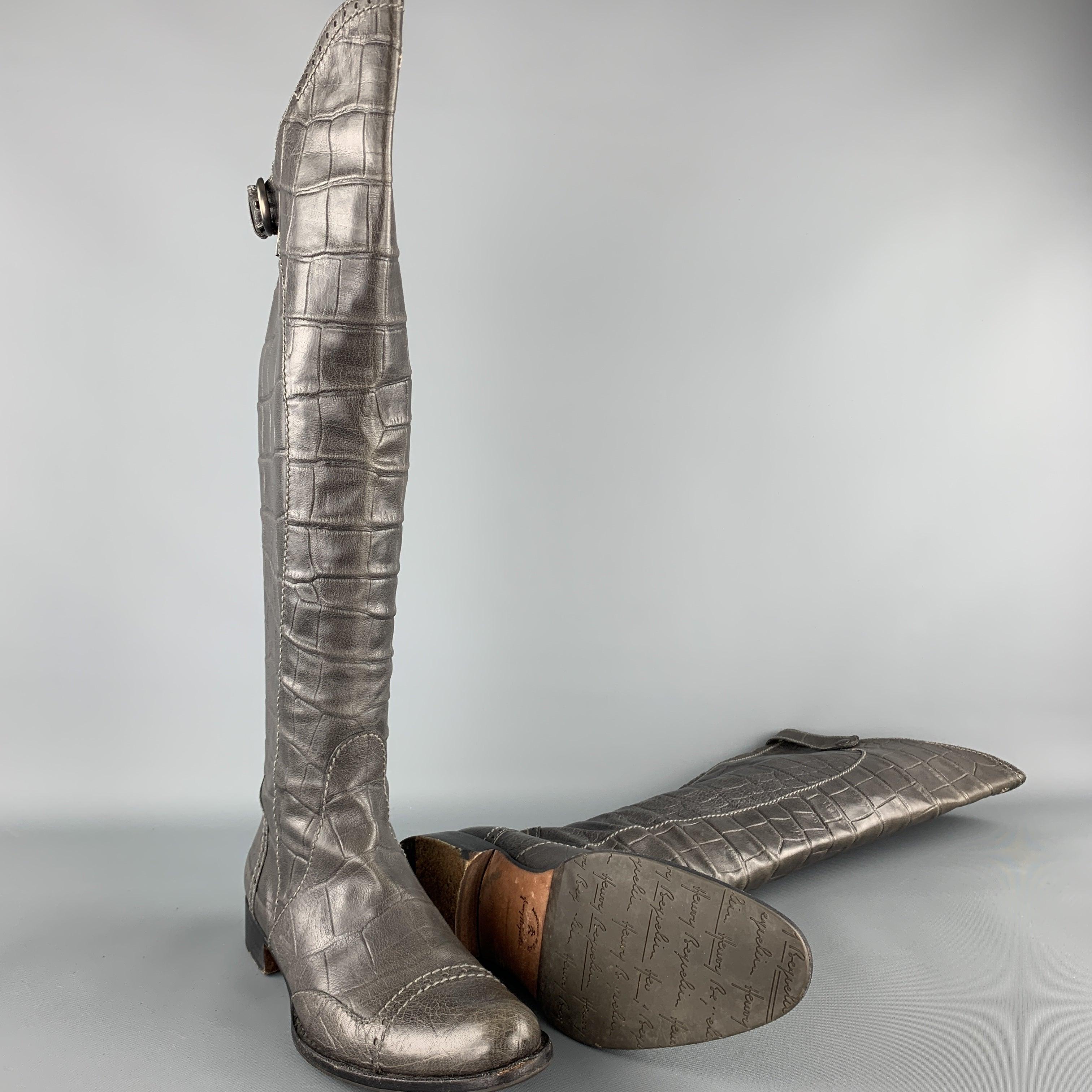 HENRY BEGUELIN Size 8.5 Grey Crocodile Embossed Leather Knee High Boots In Good Condition For Sale In San Francisco, CA