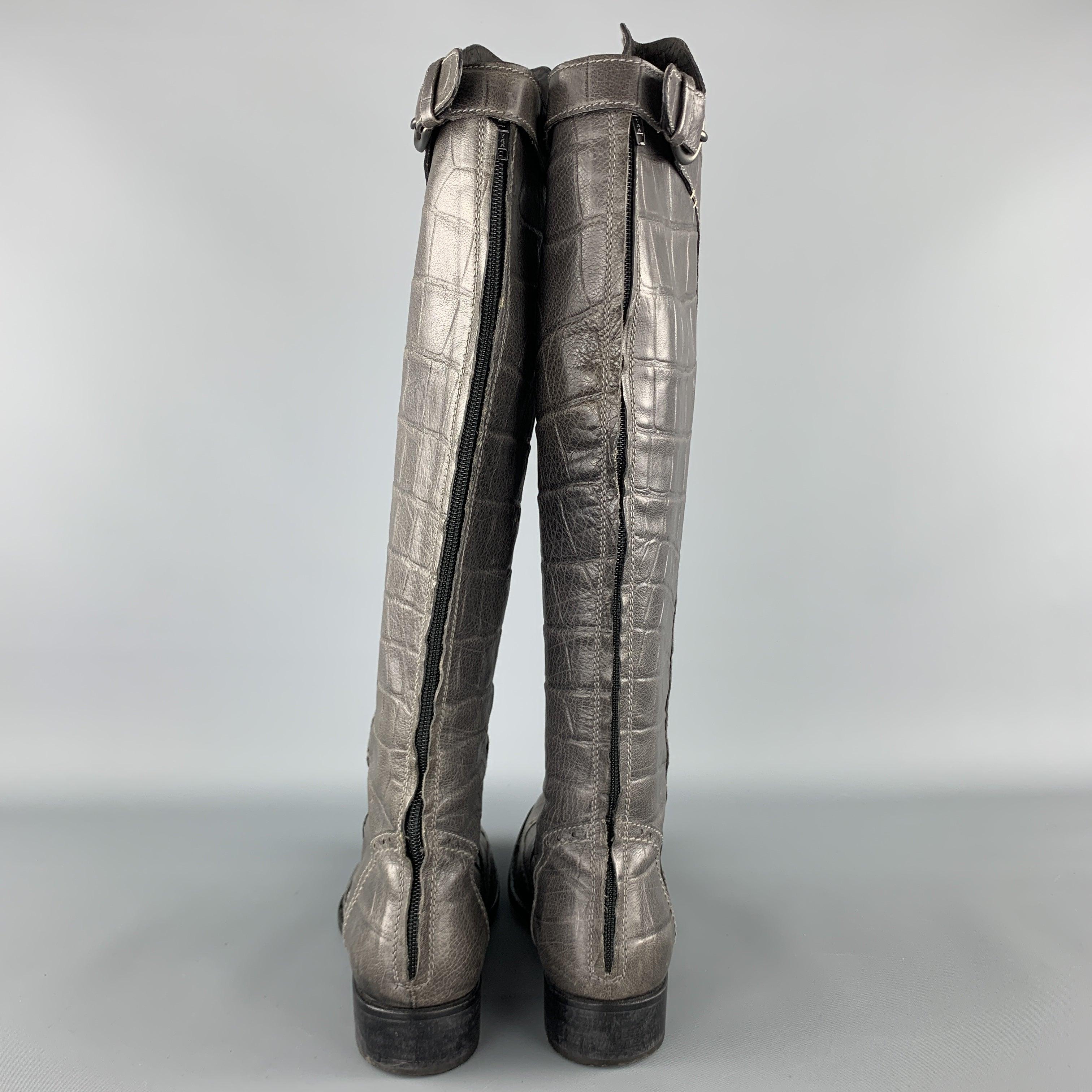 HENRY BEGUELIN Size 8.5 Grey Crocodile Embossed Leather Knee High Boots For Sale 1