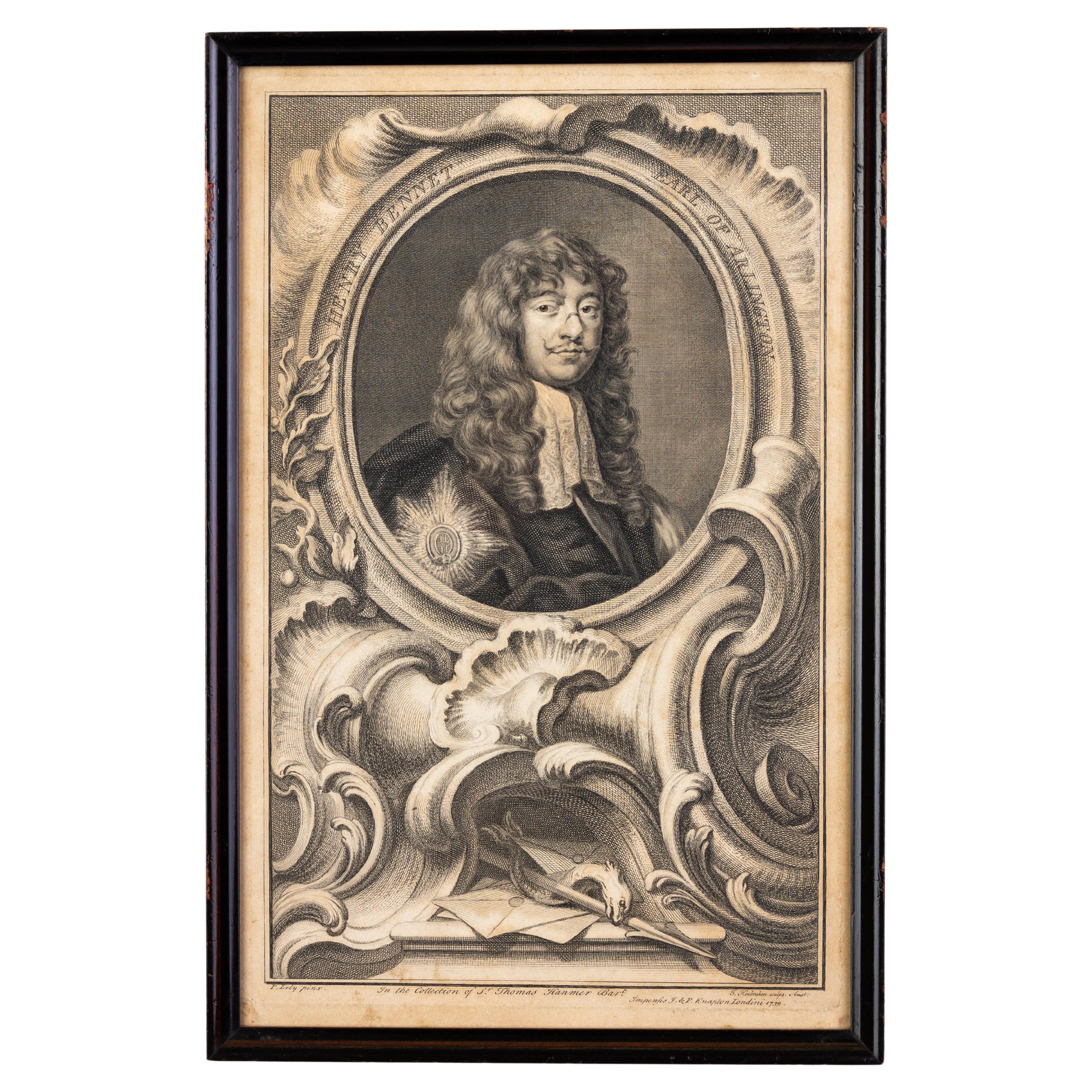 Henry Bennet Earl of Arlington Portrait Engraving 18th Century  For Sale