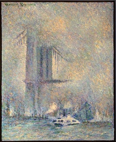 Retro "Brooklyn Bridge, New York City, " Foggy Day with Boats, Cityscape, East River