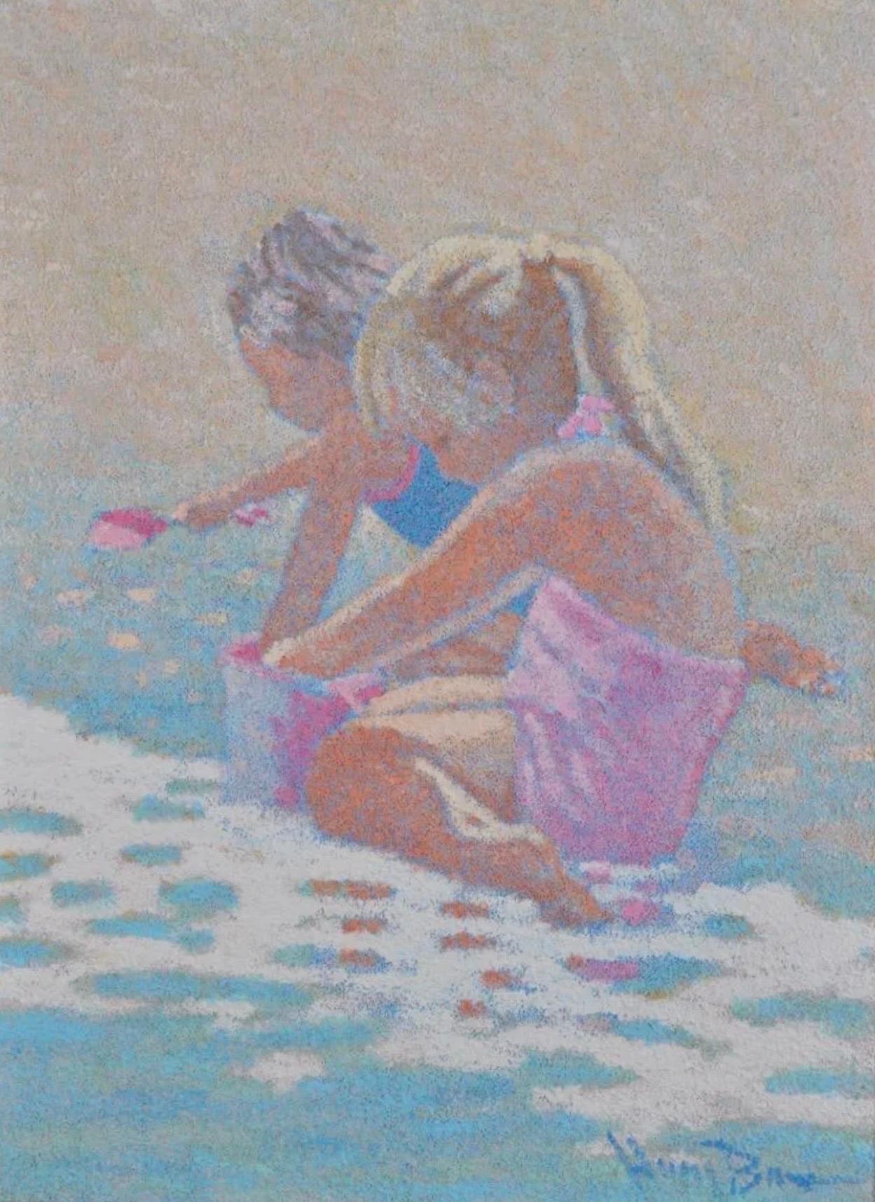 Grande pittura a olio Scena di spiaggia con bambini Henry Benson Americana Art Seashore in vendita 1