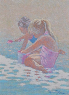 Large Oil Painting Beach Scene with Children Henry Benson Americana Art Seashore