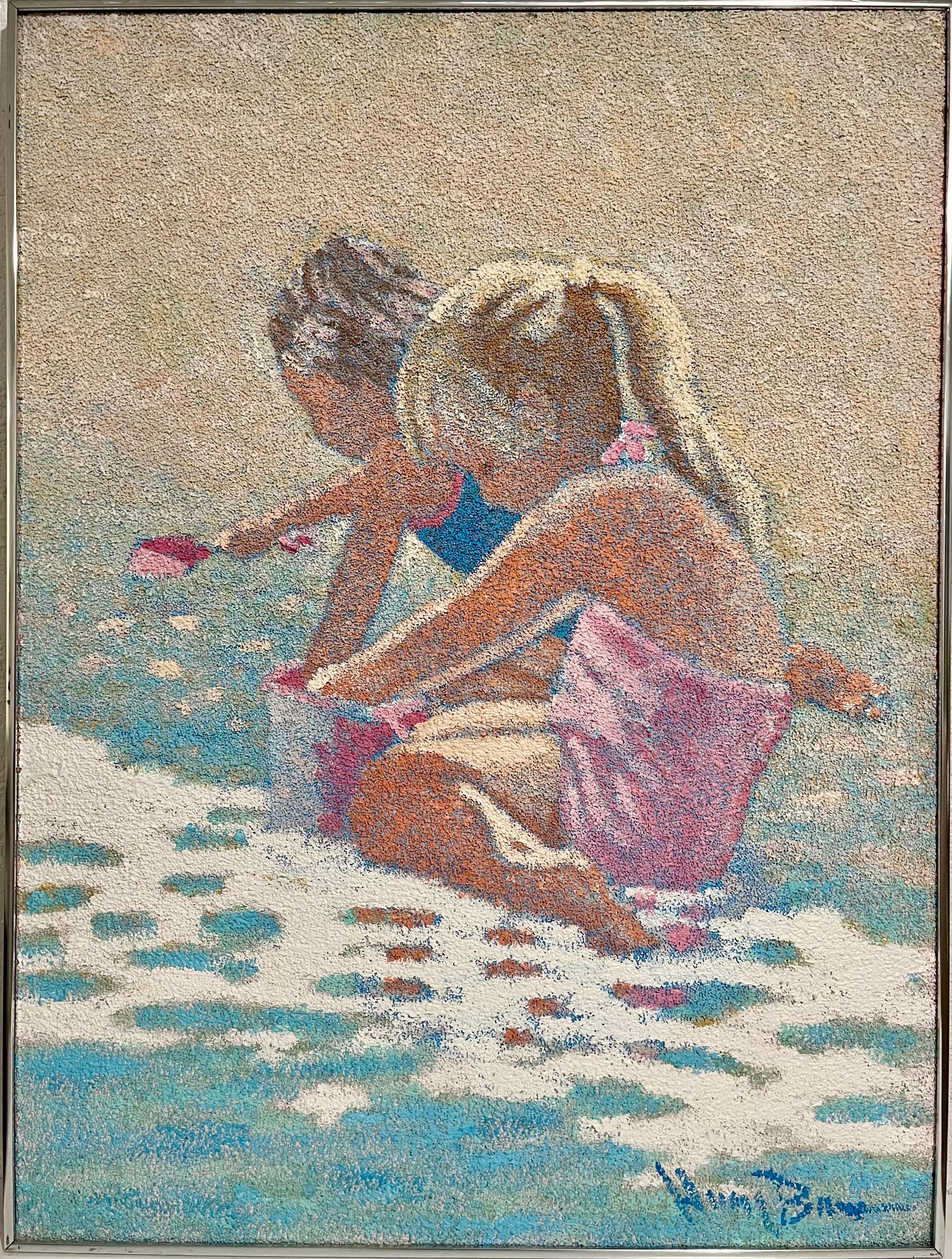 Grande pittura a olio Scena di spiaggia con bambini Henry Benson Americana Art Seashore in vendita 2