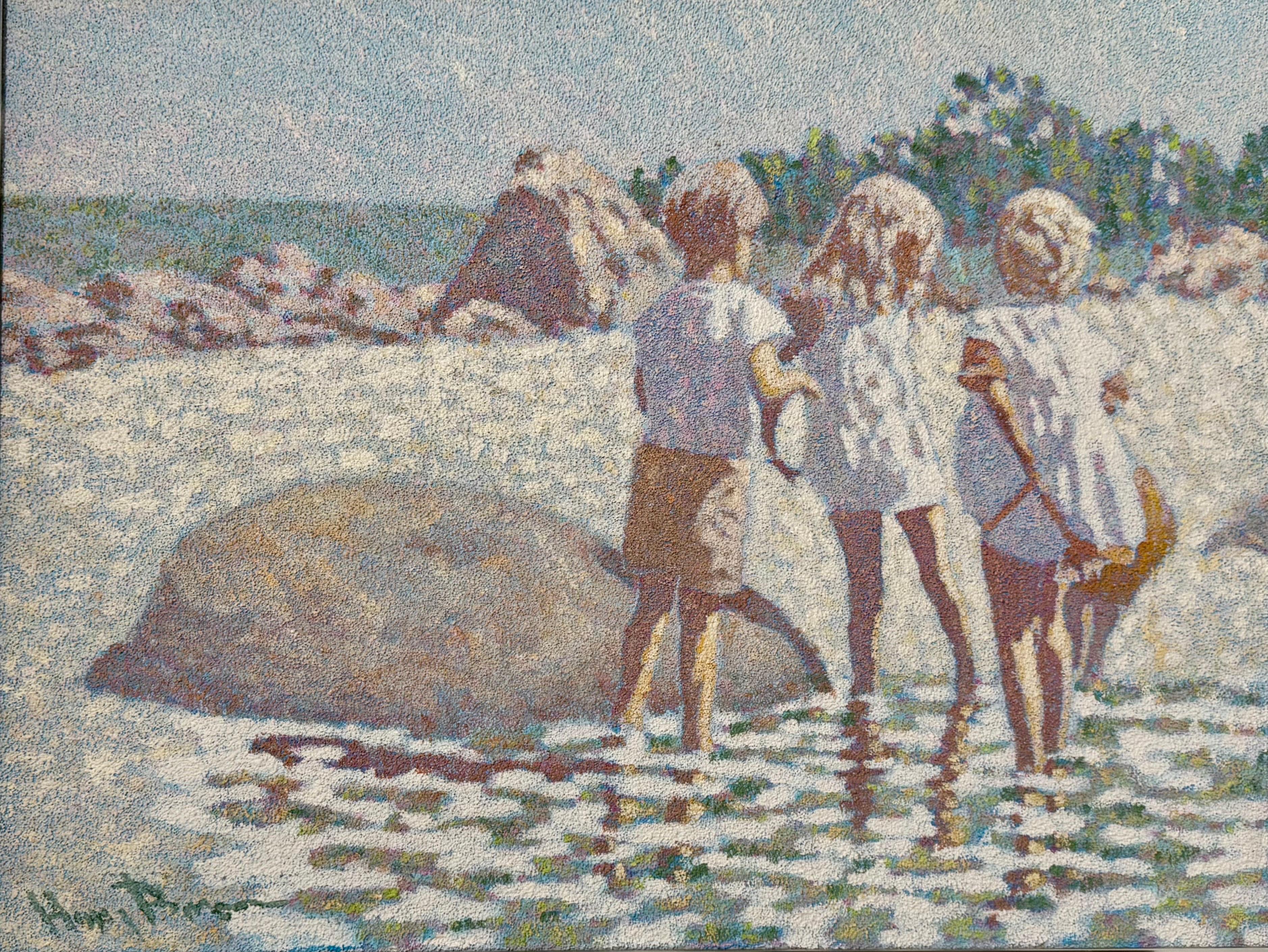 Grande pittura a olio Scena di spiaggia con bambini Henry Benson Americana Art Seashore in vendita 4