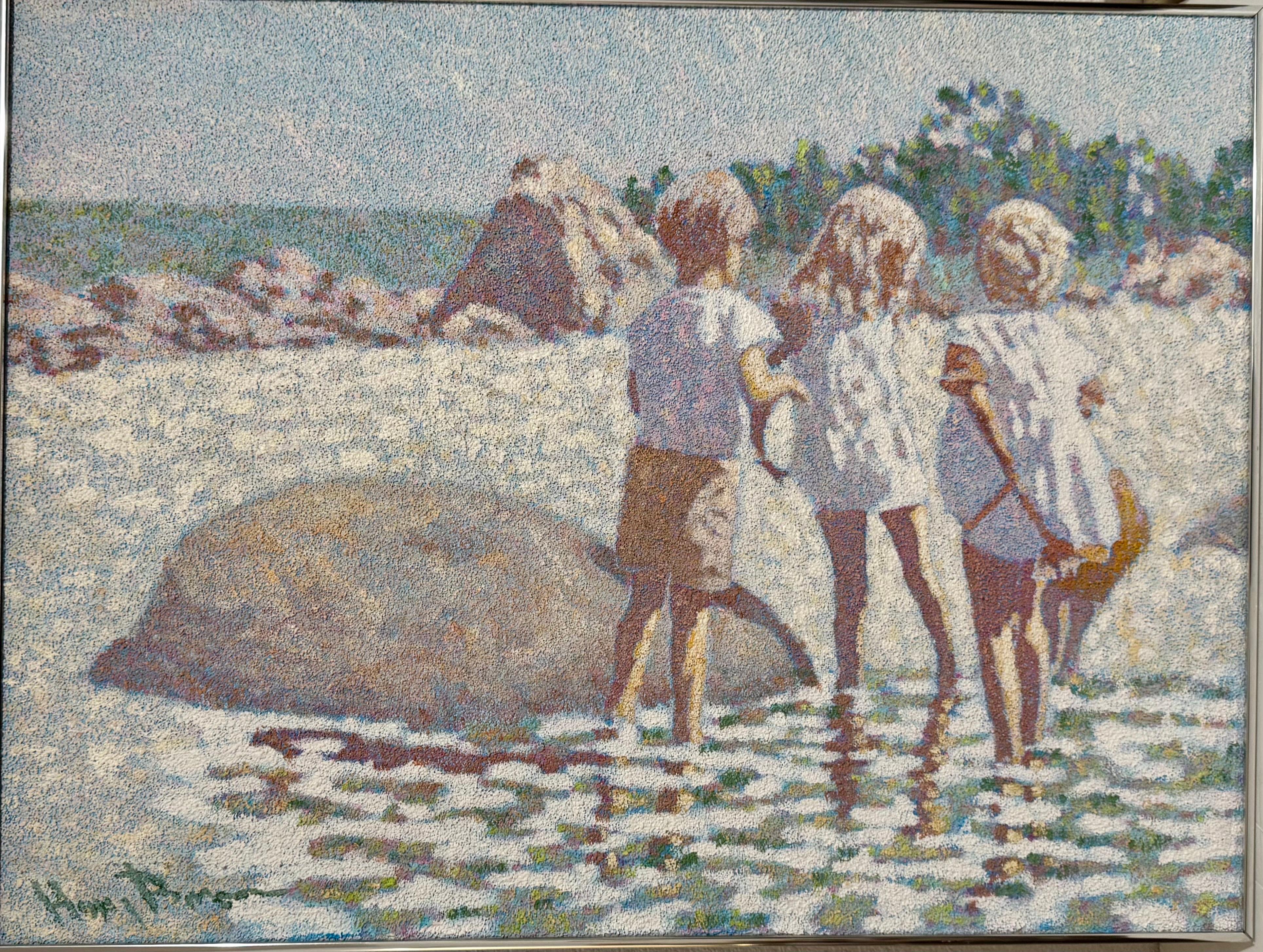 Grande pittura a olio Scena di spiaggia con bambini Henry Benson Americana Art Seashore in vendita 5