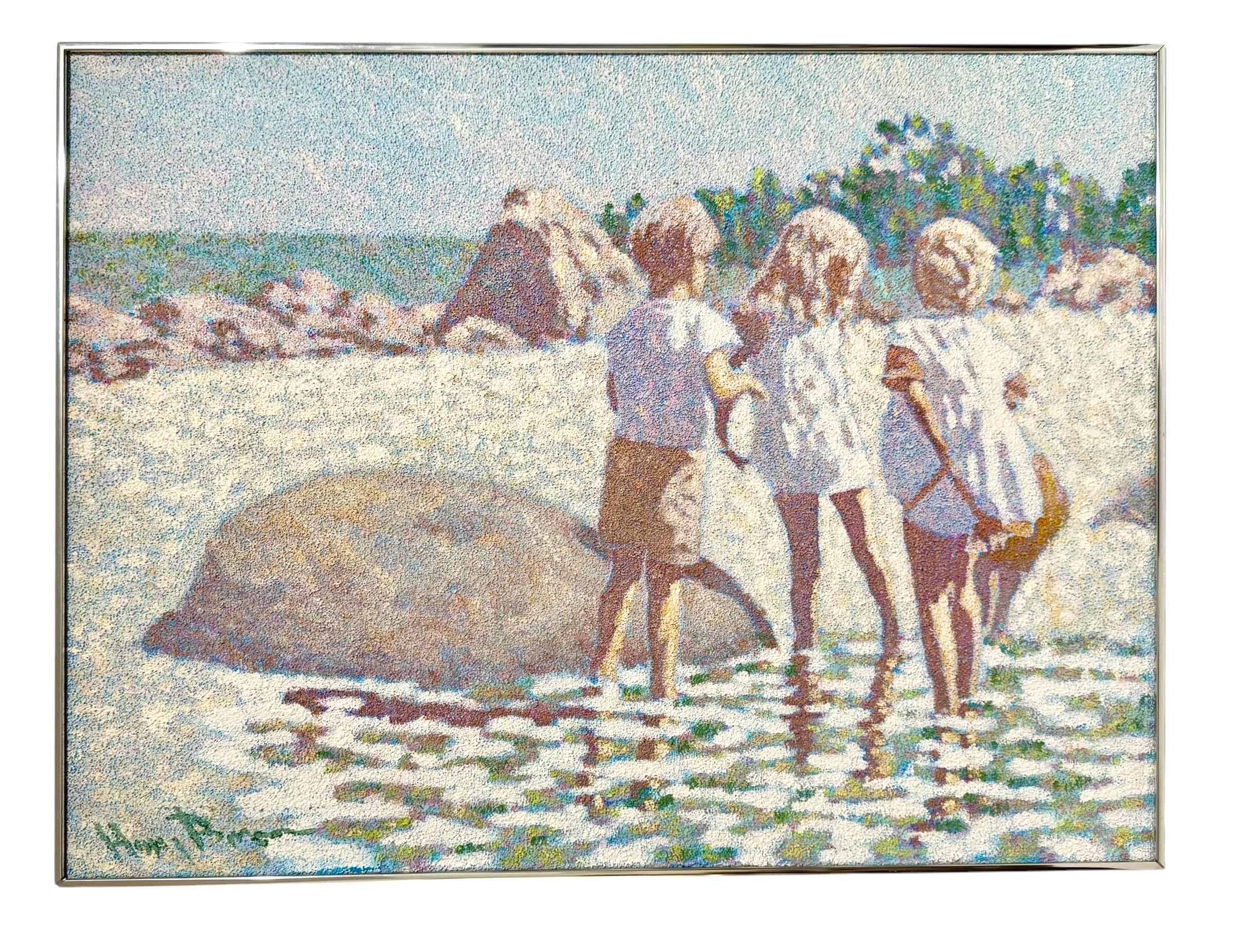 Grande pittura a olio Scena di spiaggia con bambini Henry Benson Americana Art Seashore in vendita 6