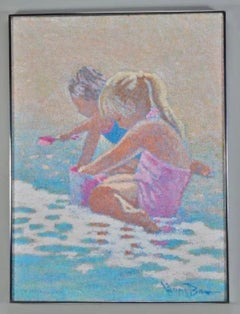 Grande pittura a olio Scena di spiaggia con bambini Henry Benson Americana Art Seashore