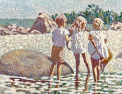 Cuadro al óleo grande Escena de playa con niños Henry Benson Americana Art Seashore
