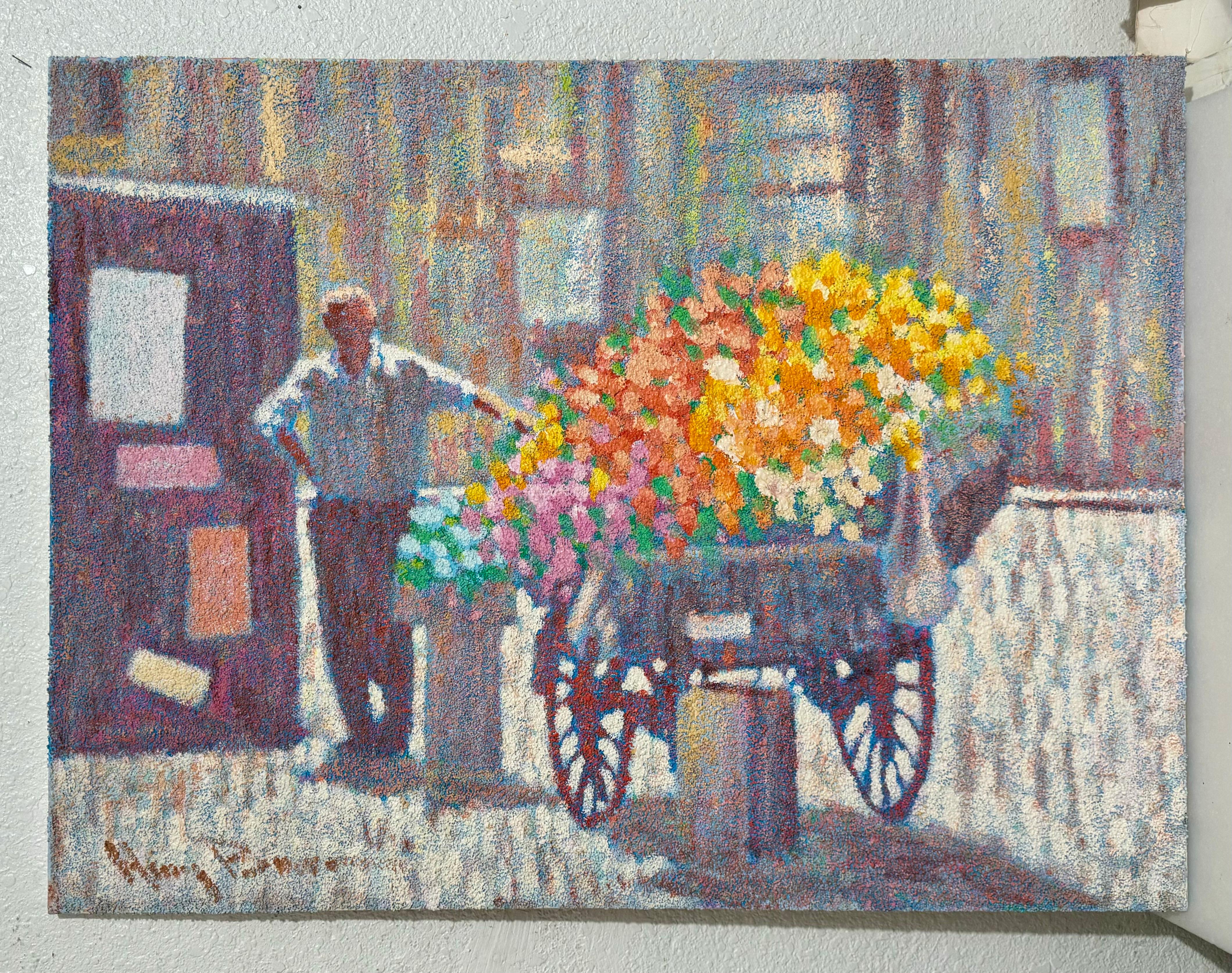 Grande peinture à l'huile pointilliste, vendeuse de fleurs et chariot Henry Benson Americana Art en vente 1