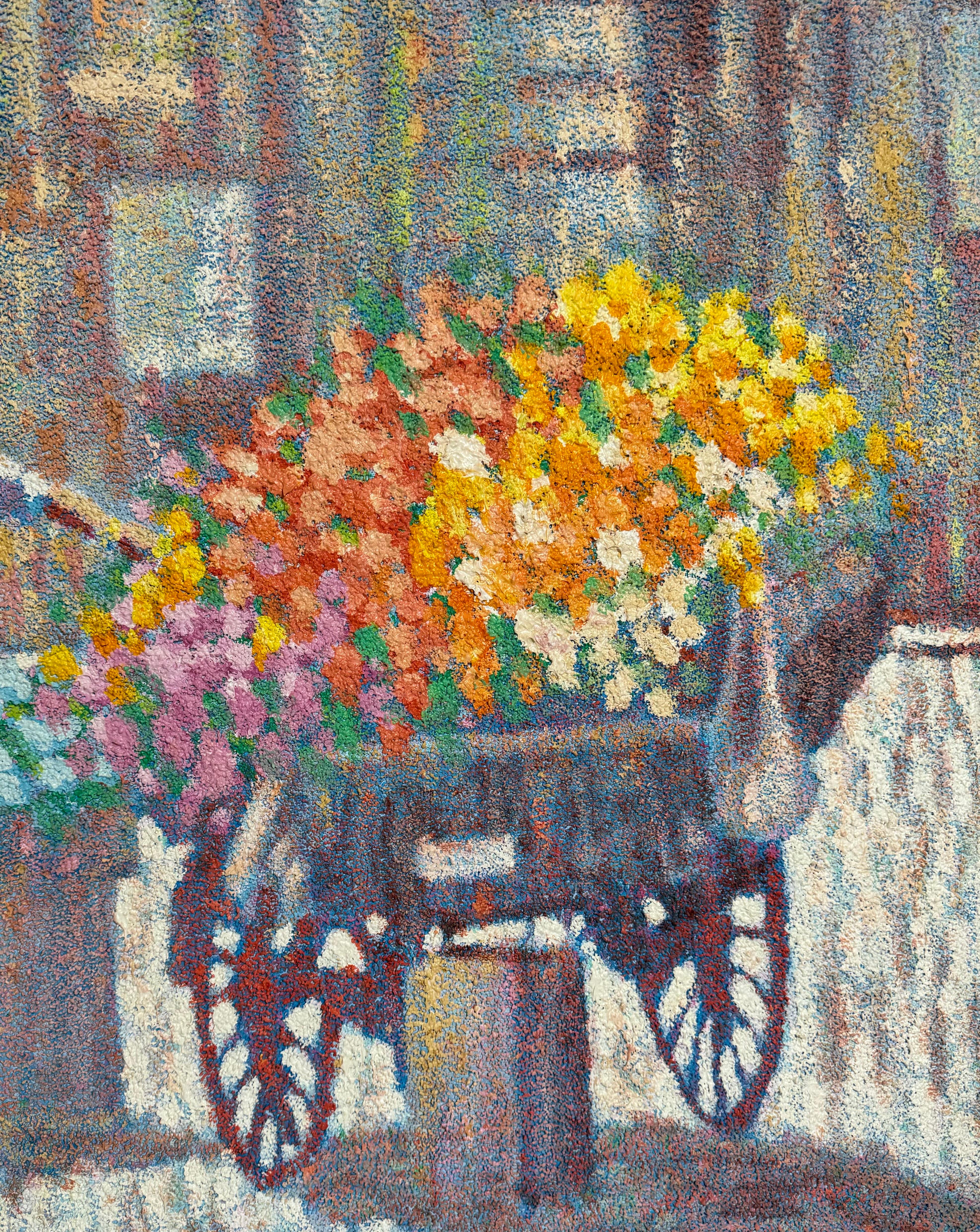 Grande peinture à l'huile pointilliste, vendeuse de fleurs et chariot Henry Benson Americana Art en vente 3