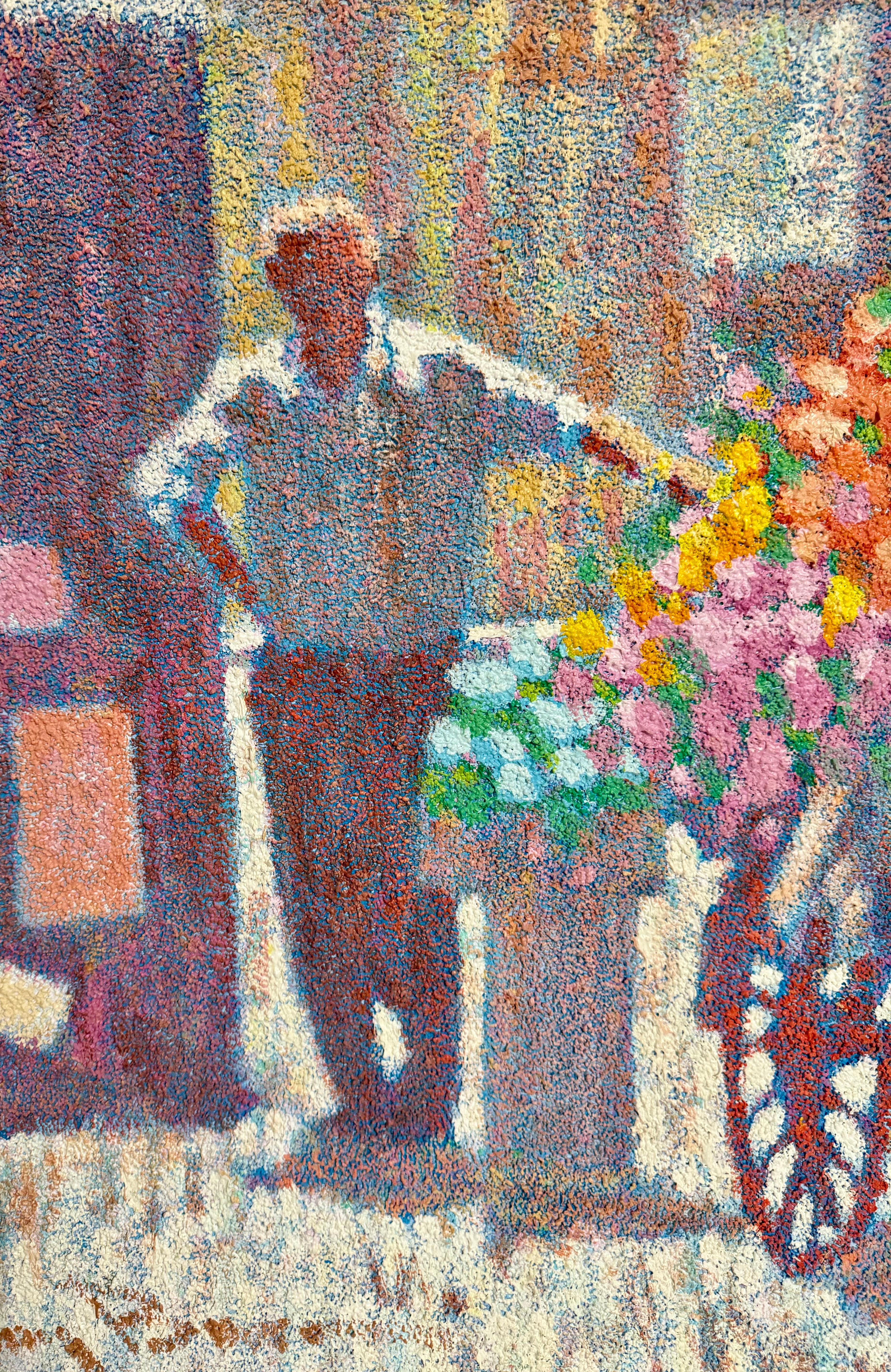 Grande peinture à l'huile pointilliste, vendeuse de fleurs et chariot Henry Benson Americana Art en vente 4