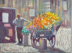 Grande peinture à l'huile pointilliste, vendeuse de fleurs et chariot Henry Benson Americana Art