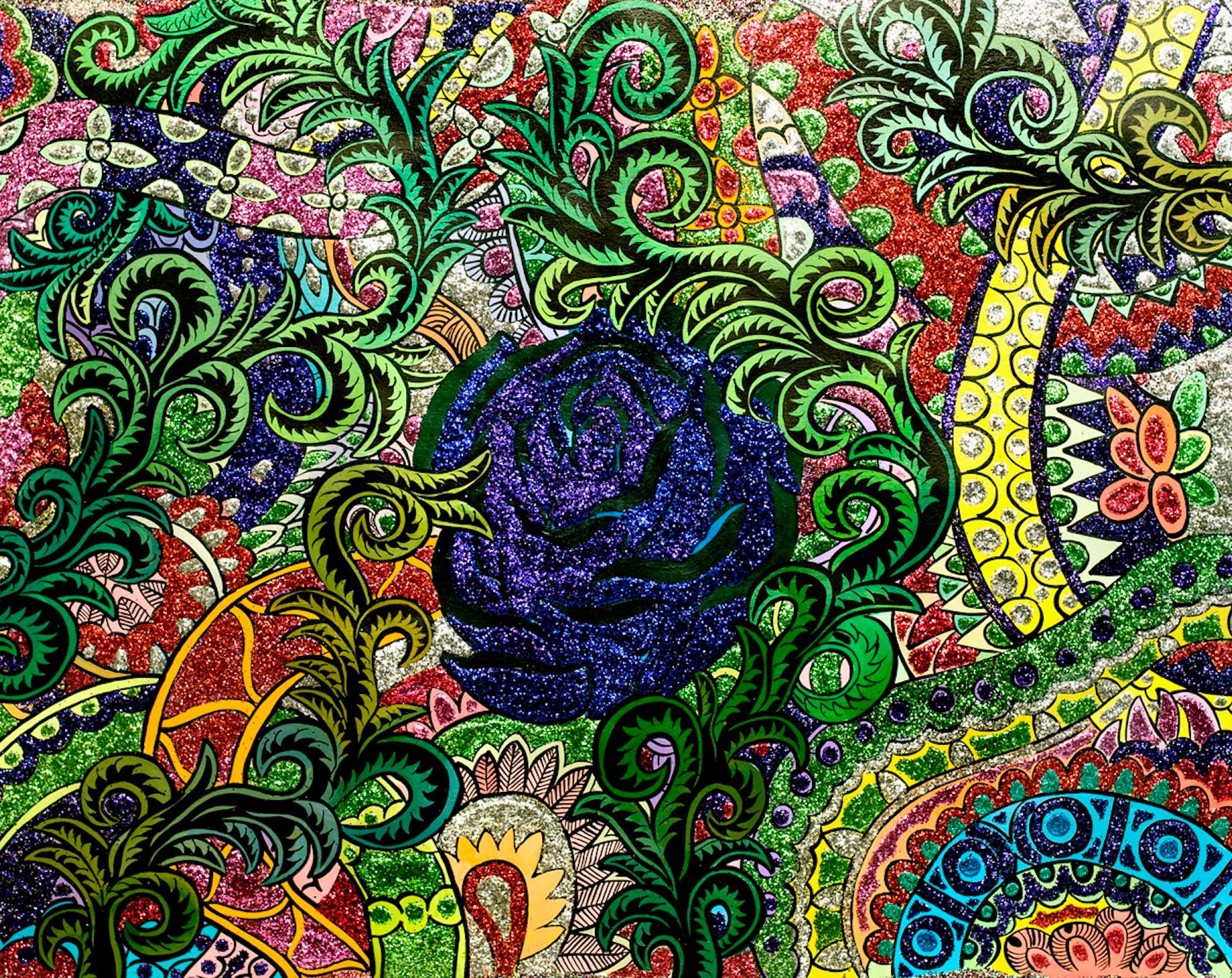 Blumenblume I: abstraktes Landschaftsgemälde auf ungestreckter Leinwand mit Pflanzen und Blumen (Schwarz), Landscape Painting, von Henry Bermudez