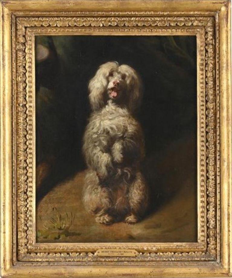 19th century English portrait painting of a white poodle dog sitting upright
