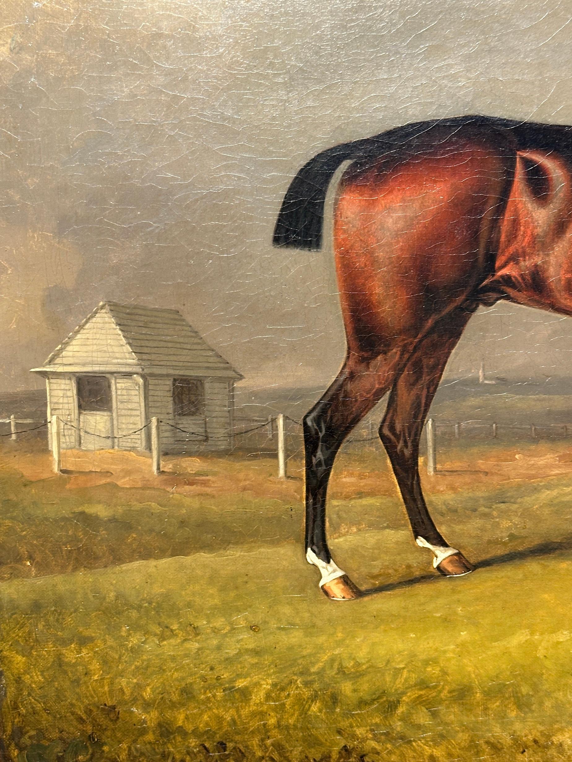 Cavallo da corsa inglese del XIX secolo a Newmarket con proprietario e stalliere in un paesaggio - Painting di Henry Bernard Chalon