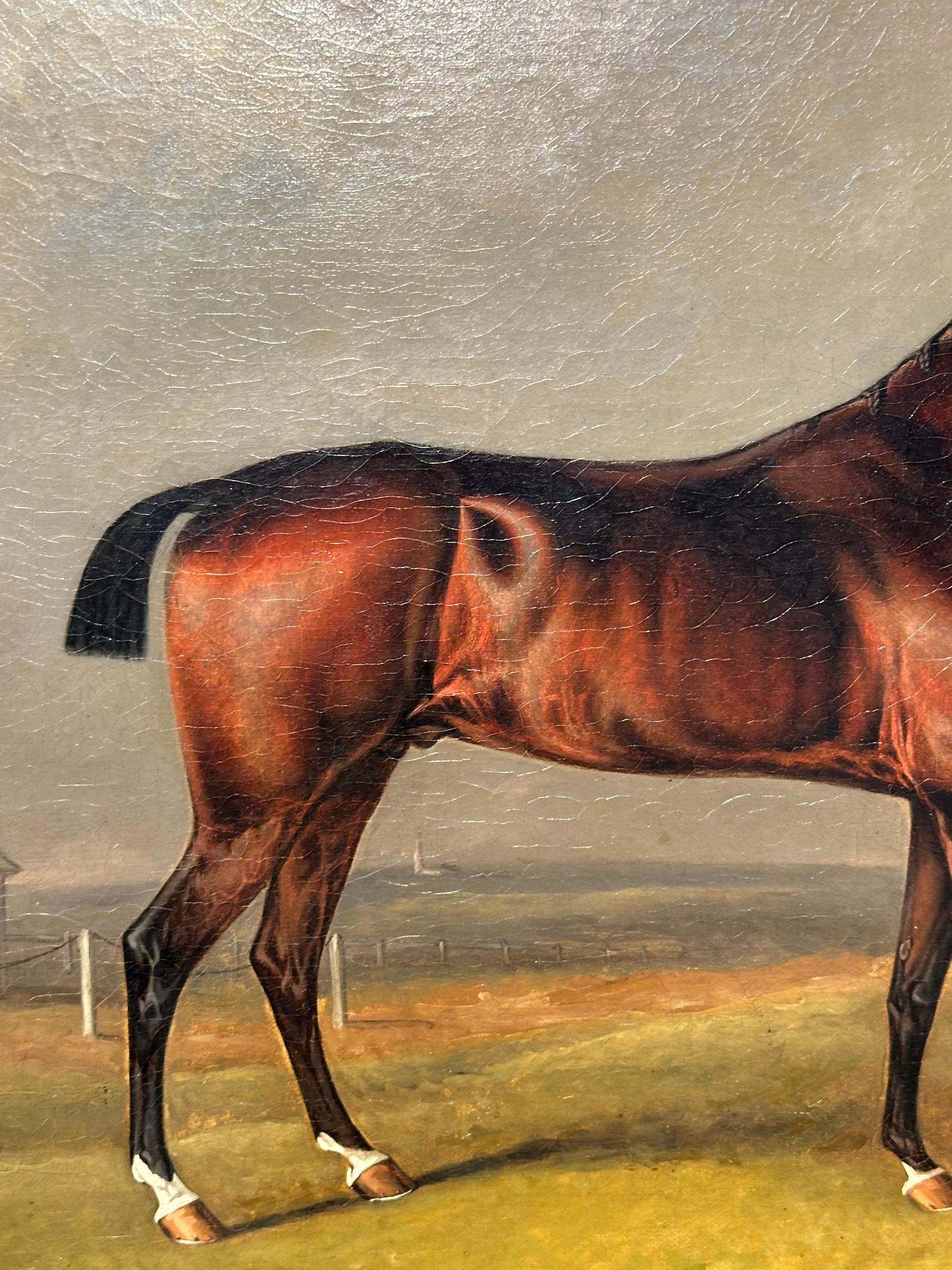 Cavallo da corsa inglese del XIX secolo a Newmarket con proprietario e stalliere in un paesaggio - Animal Painting Marrone di Henry Bernard Chalon